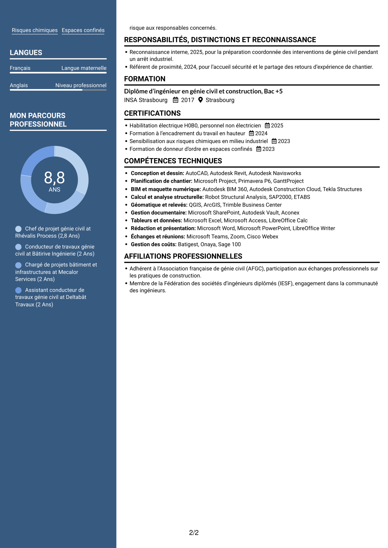 CV Signature (format à colonne latérale colorée avec grande photo) : Chef de projet génie civil - Infrastructures industrielles, page 2