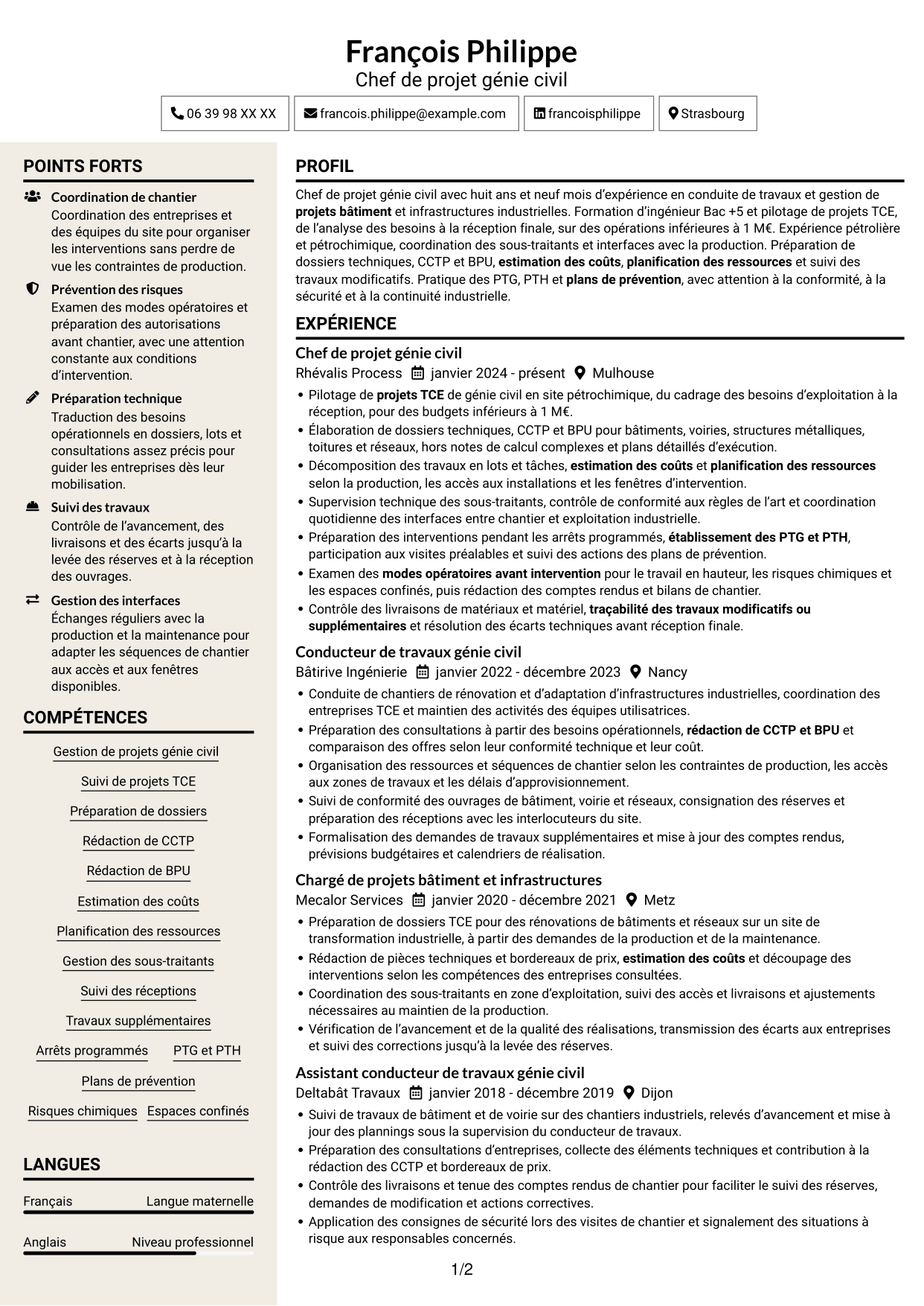 CV Fonceur (format à deux colonnes avec en-tête centré sans photo) : Chef de projet génie civil - Infrastructures industrielles, page 1