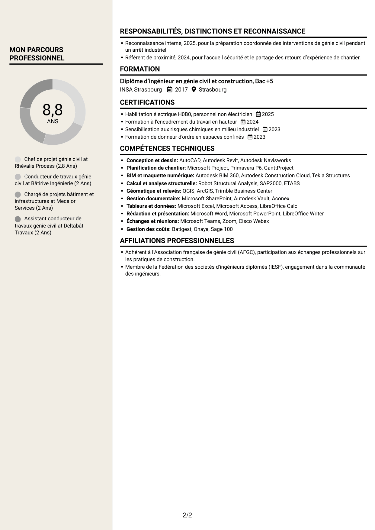 CV Fonceur (format à deux colonnes avec en-tête centré sans photo) : Chef de projet génie civil - Infrastructures industrielles, page 2