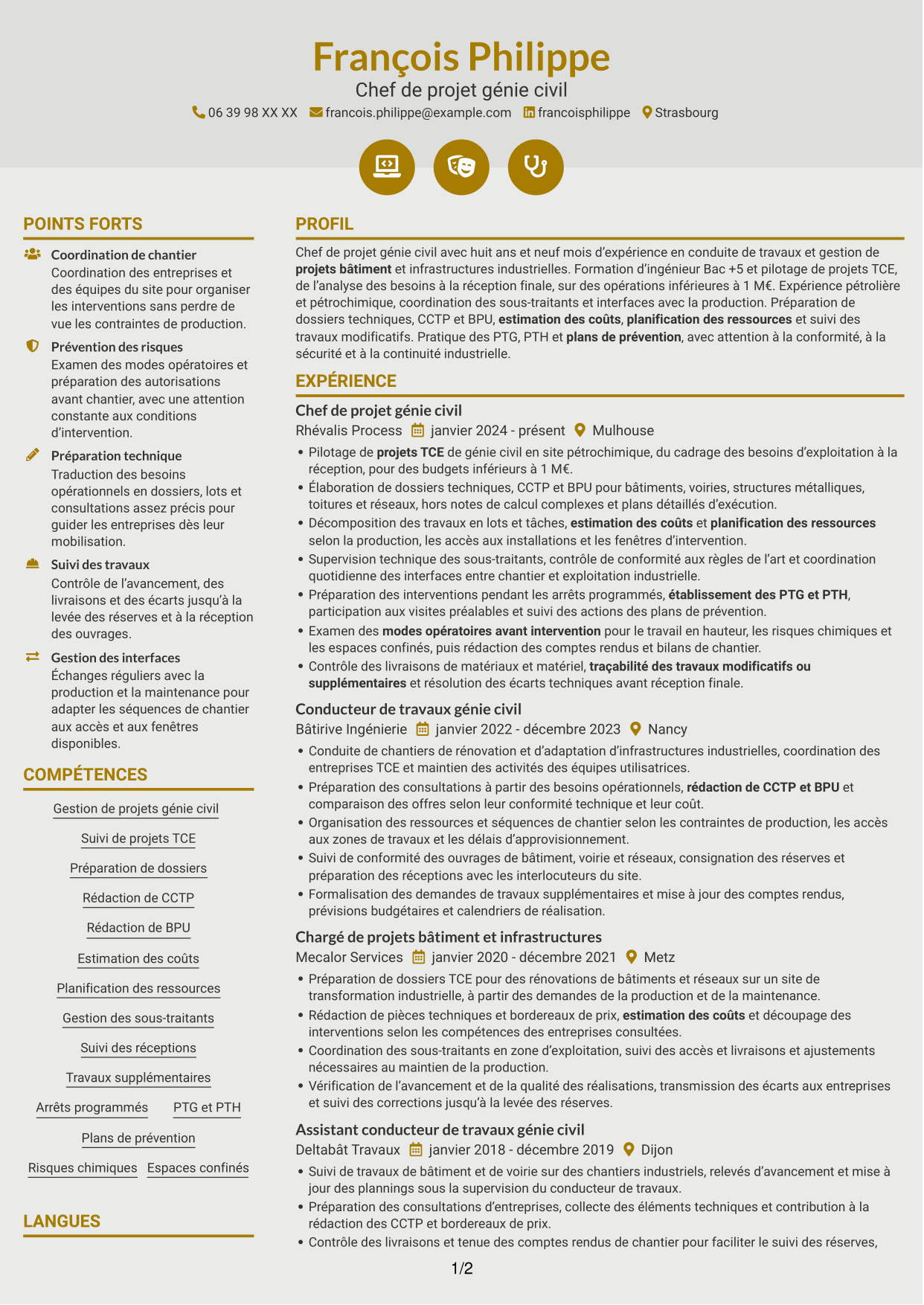 CV Dynamique (format à deux colonnes avec icônes) : Chef de projet génie civil - Infrastructures industrielles, page 1