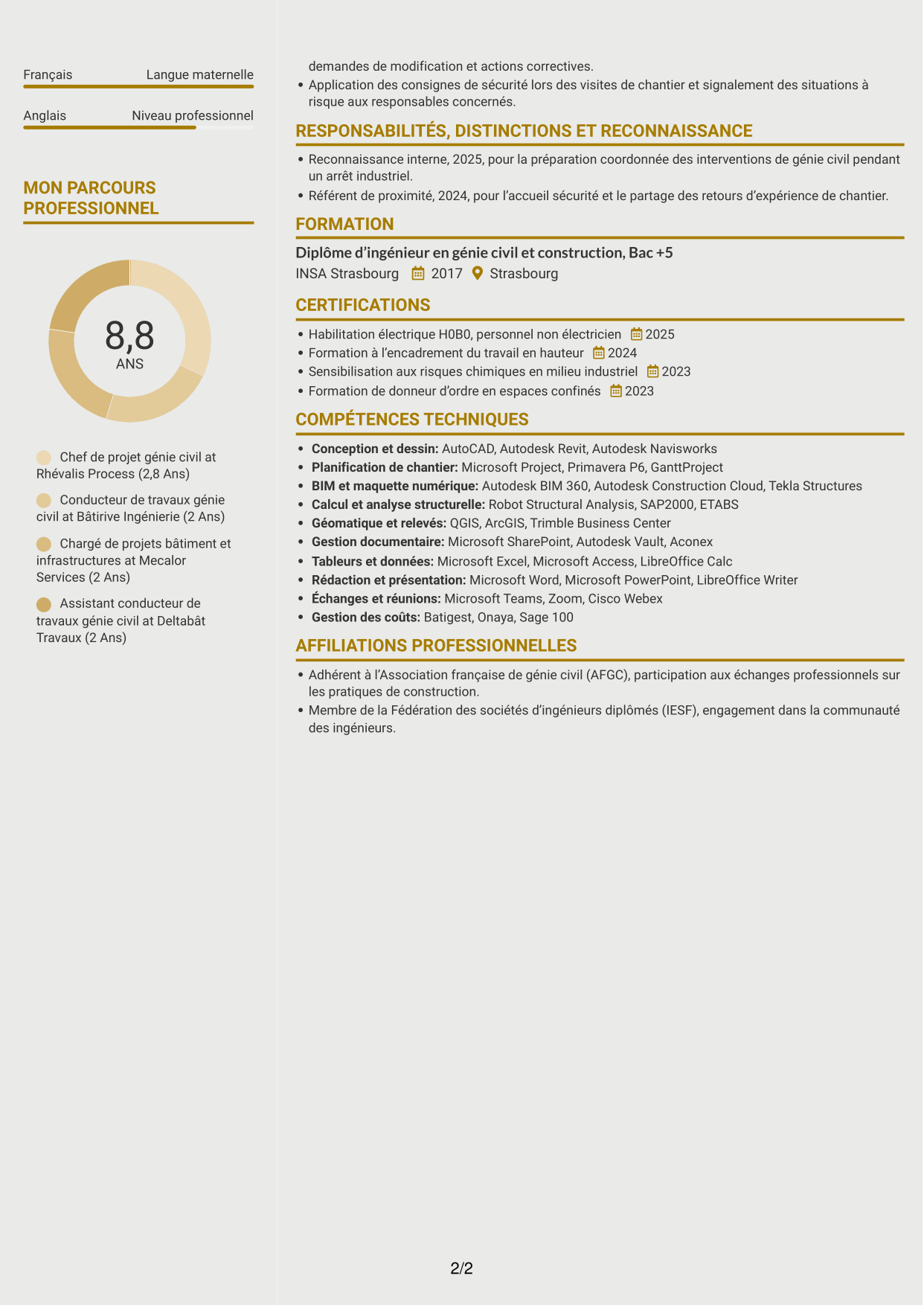 CV Dynamique (format à deux colonnes avec icônes) : Chef de projet génie civil - Infrastructures industrielles, page 2