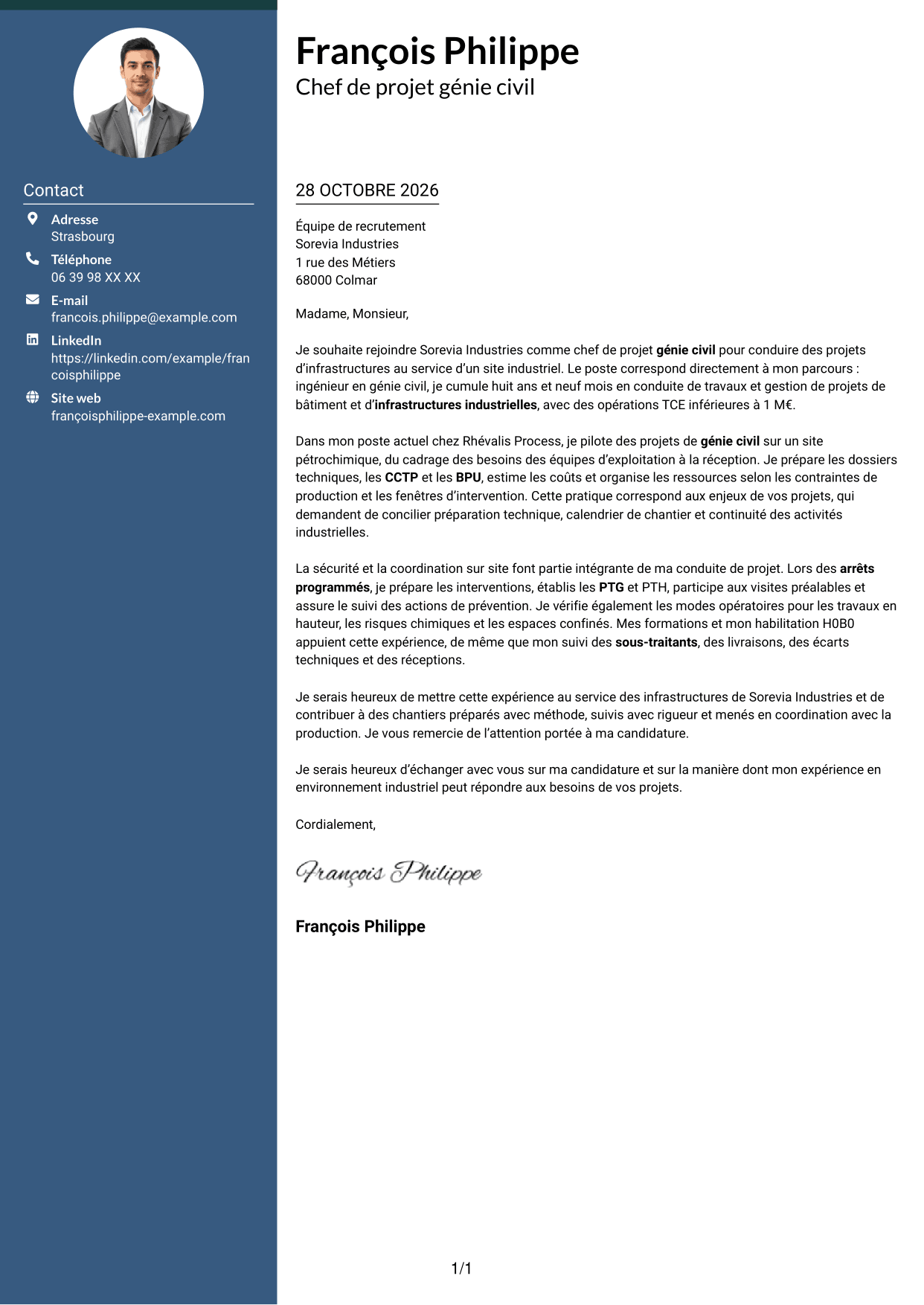 Lettre de motivation Élégant (format à colonne latérale colorée avec photo) : Chef de projet génie civil - Infrastructures industrielles, page 1