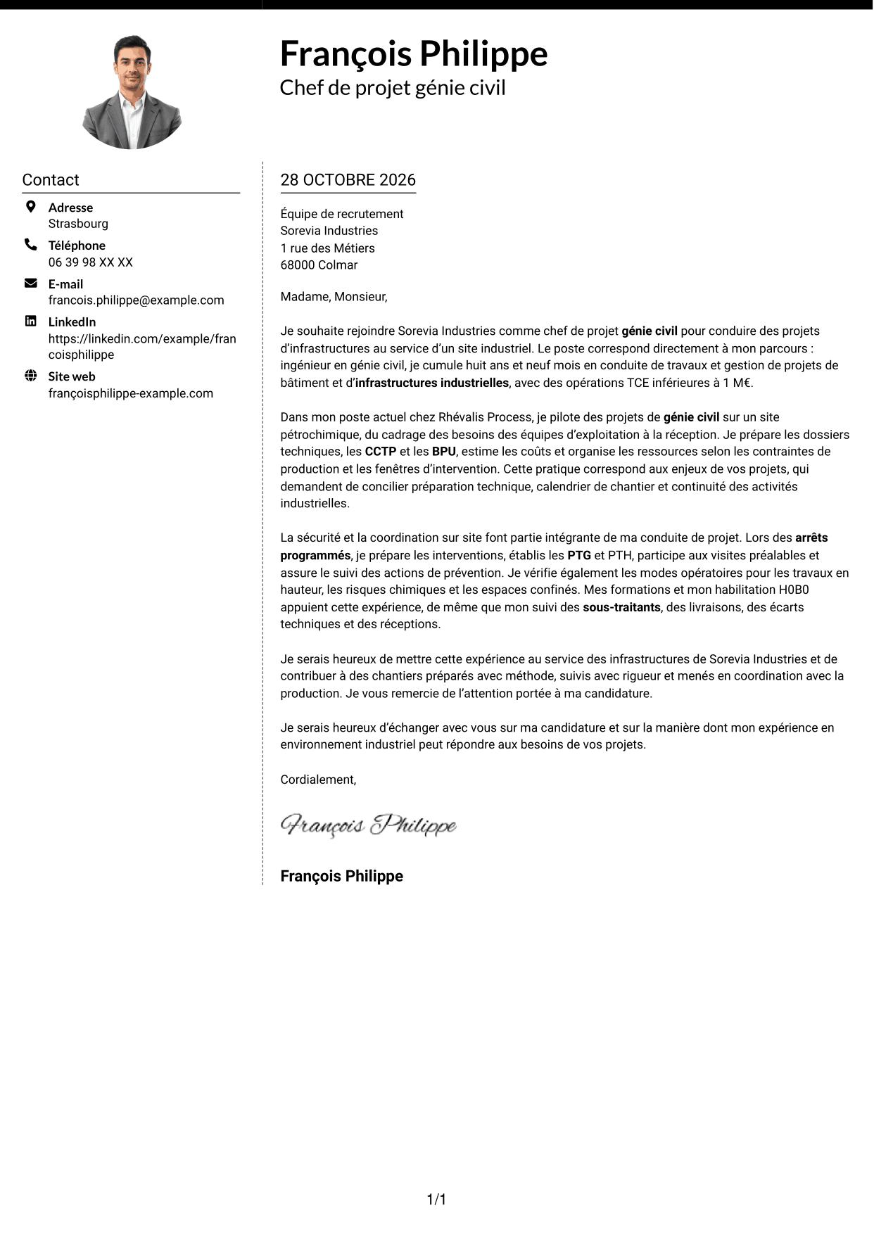 Lettre de motivation Moderne (format à deux colonnes avec photo à gauche et séparateur) : Chef de projet génie civil - Infrastructures industrielles, page 1