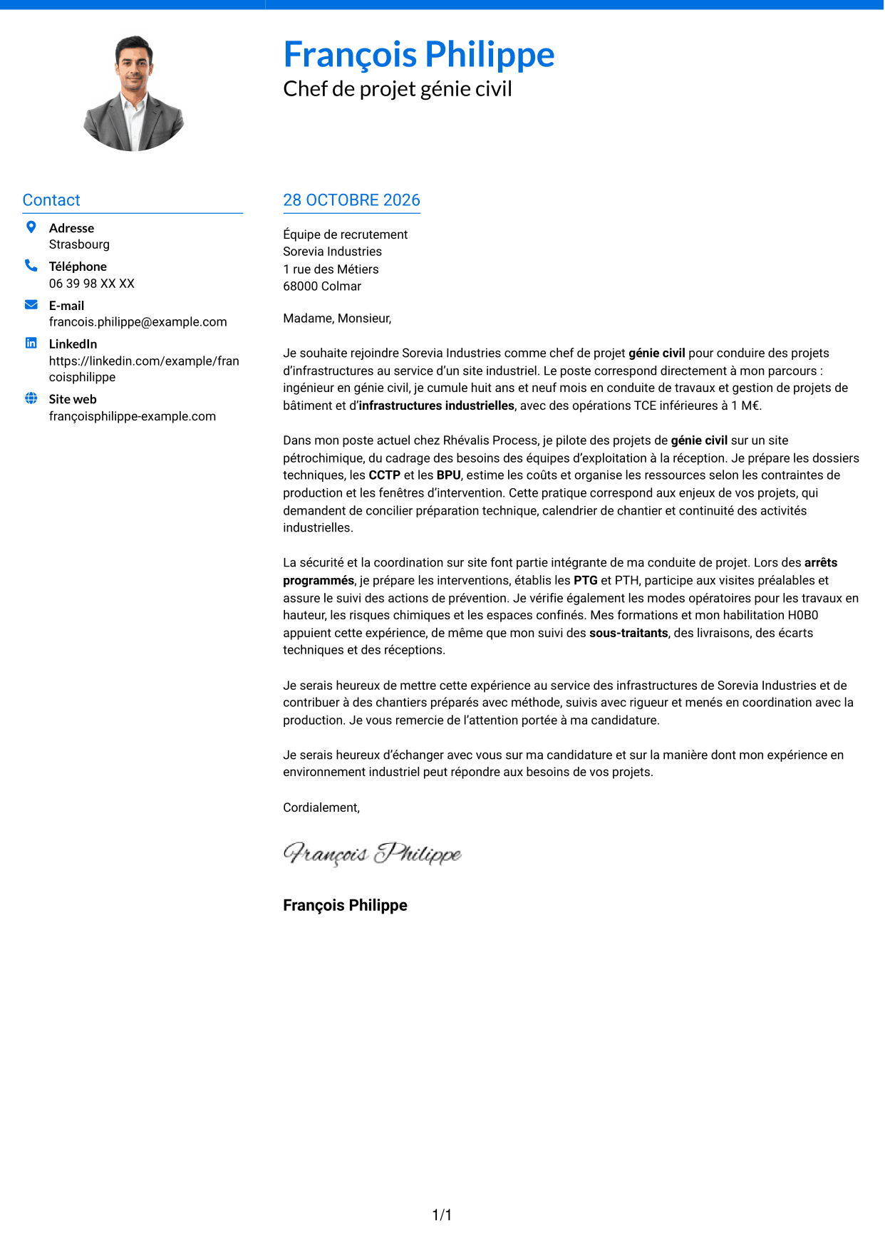 Lettre de motivation Audacieux (format à deux colonnes avec accents colorés et photo) : Chef de projet génie civil - Infrastructures industrielles, page 1