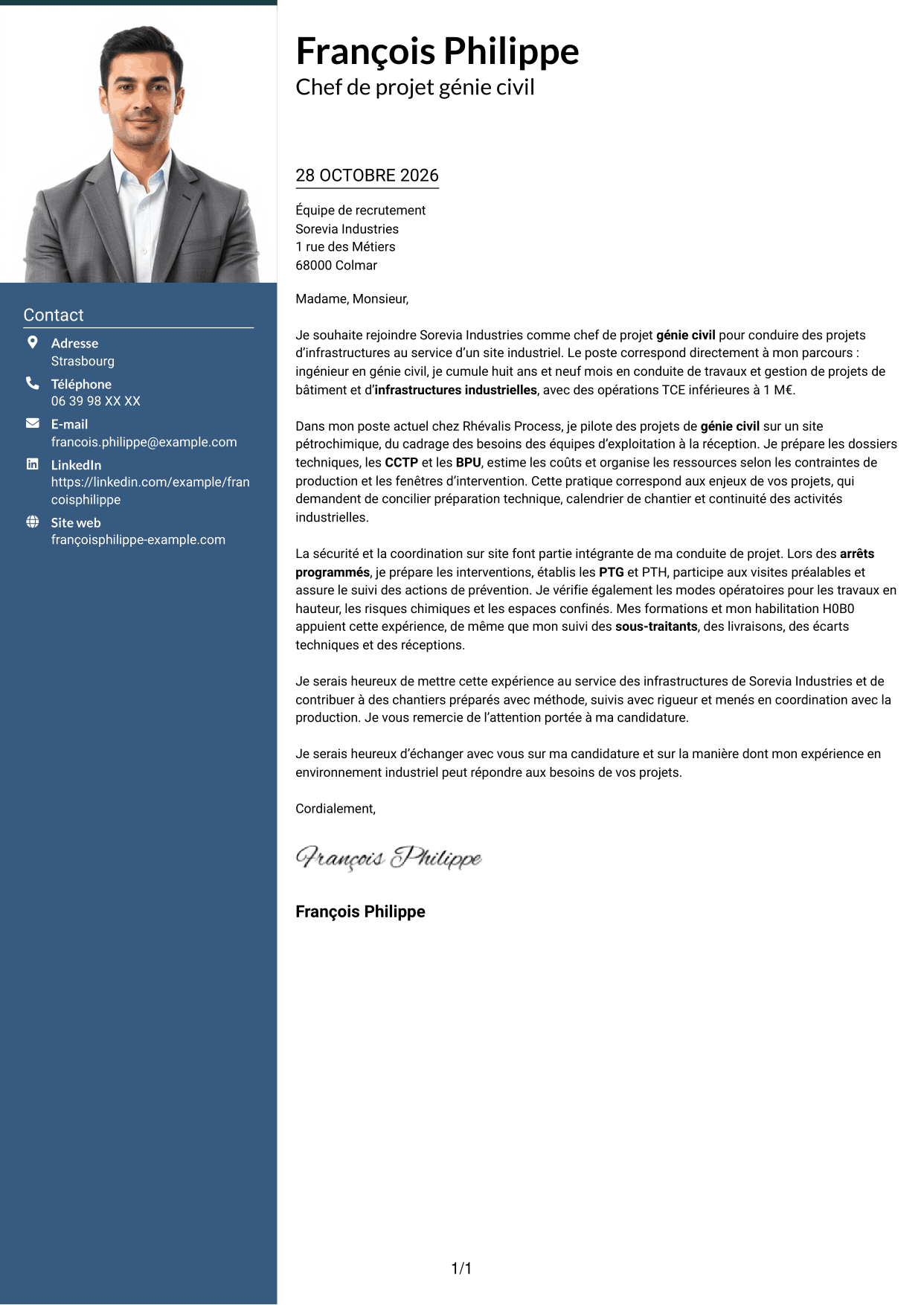 Lettre de motivation Signature (format à colonne latérale colorée avec grande photo) : Chef de projet génie civil - Infrastructures industrielles, page 1