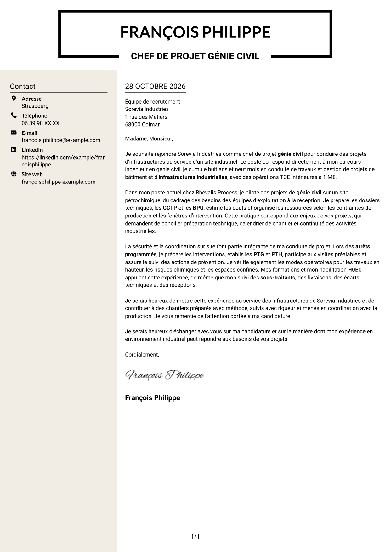 Lettre de motivation Fonceur (format à deux colonnes avec en-tête centré sans photo) : Chef de projet génie civil - Infrastructures industrielles, page 1