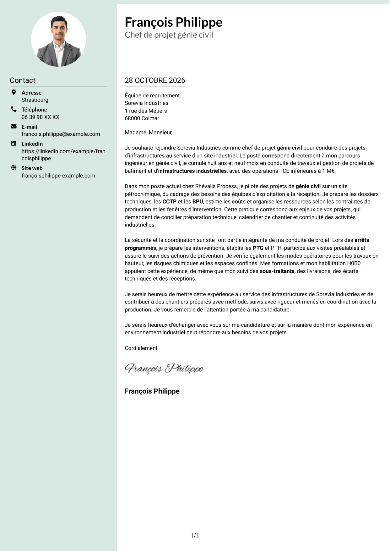 Lettre de motivation Cadre (format à colonne latérale douce avec photo arrondie) : Chef de projet génie civil - Infrastructures industrielles, page 1