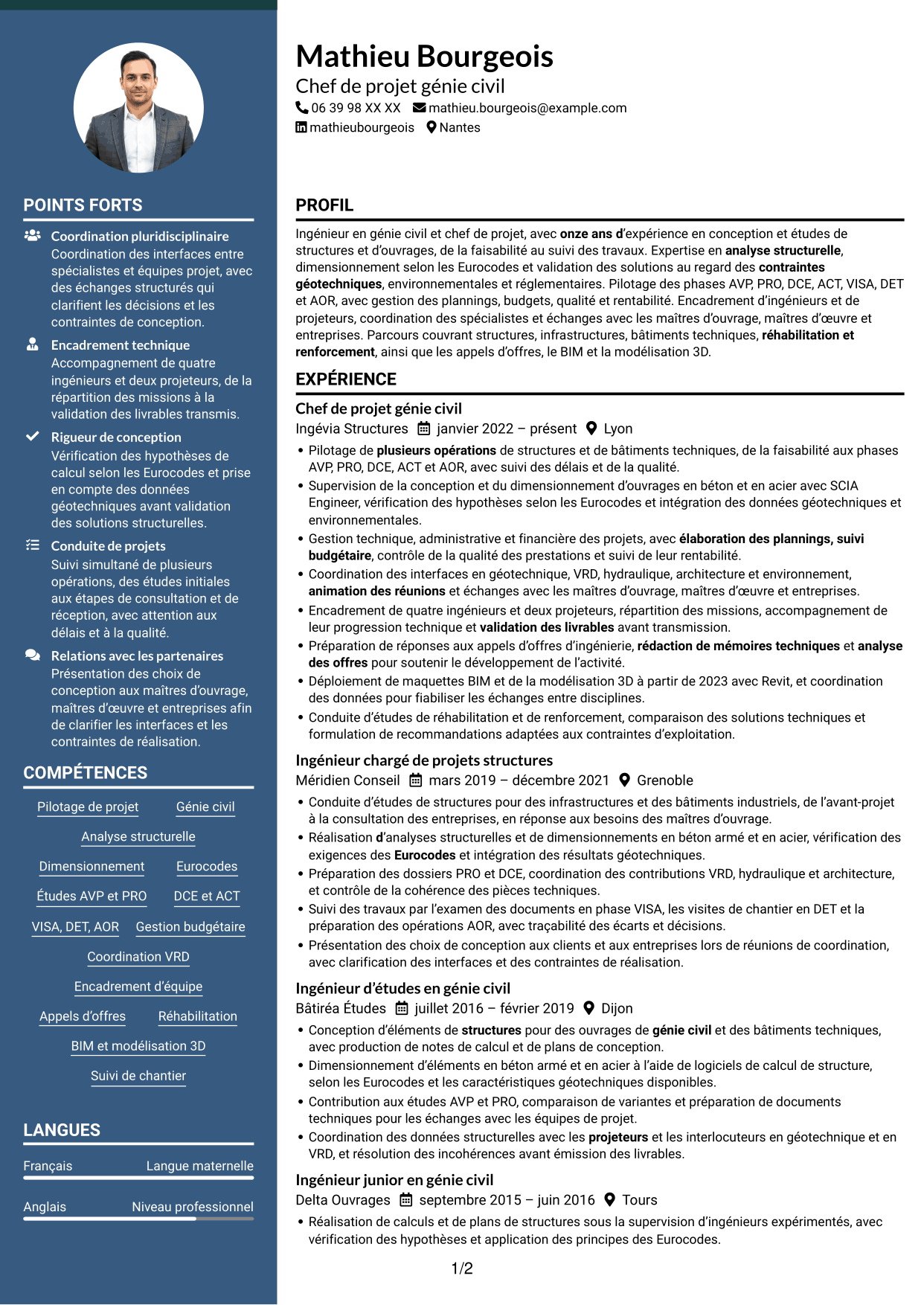 CV Élégant (format à colonne latérale colorée avec photo) : Chef de Projet Génie Civil - Structures et Infrastructures, page 1