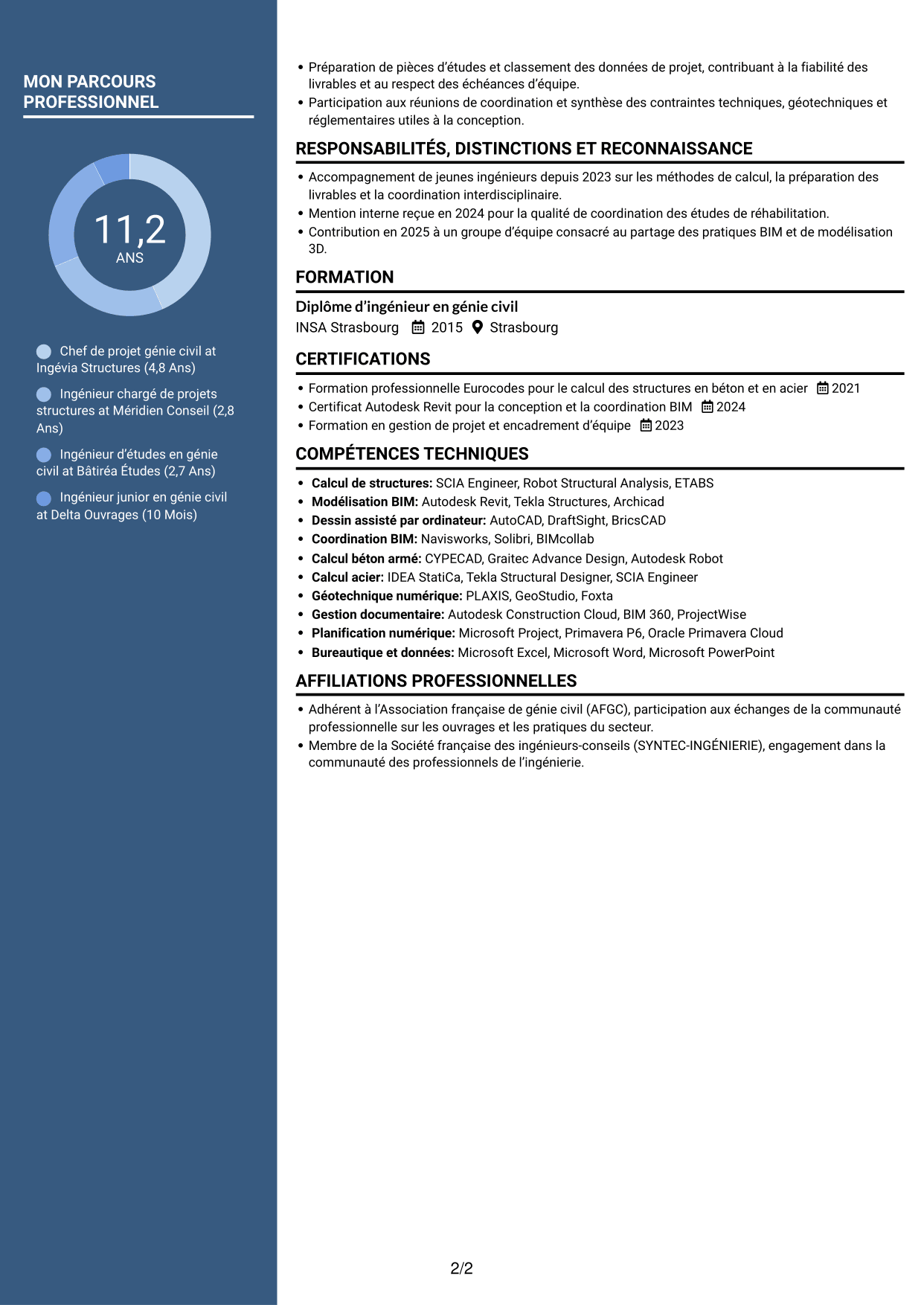 CV Élégant (format à colonne latérale colorée avec photo) : Chef de Projet Génie Civil - Structures et Infrastructures, page 2