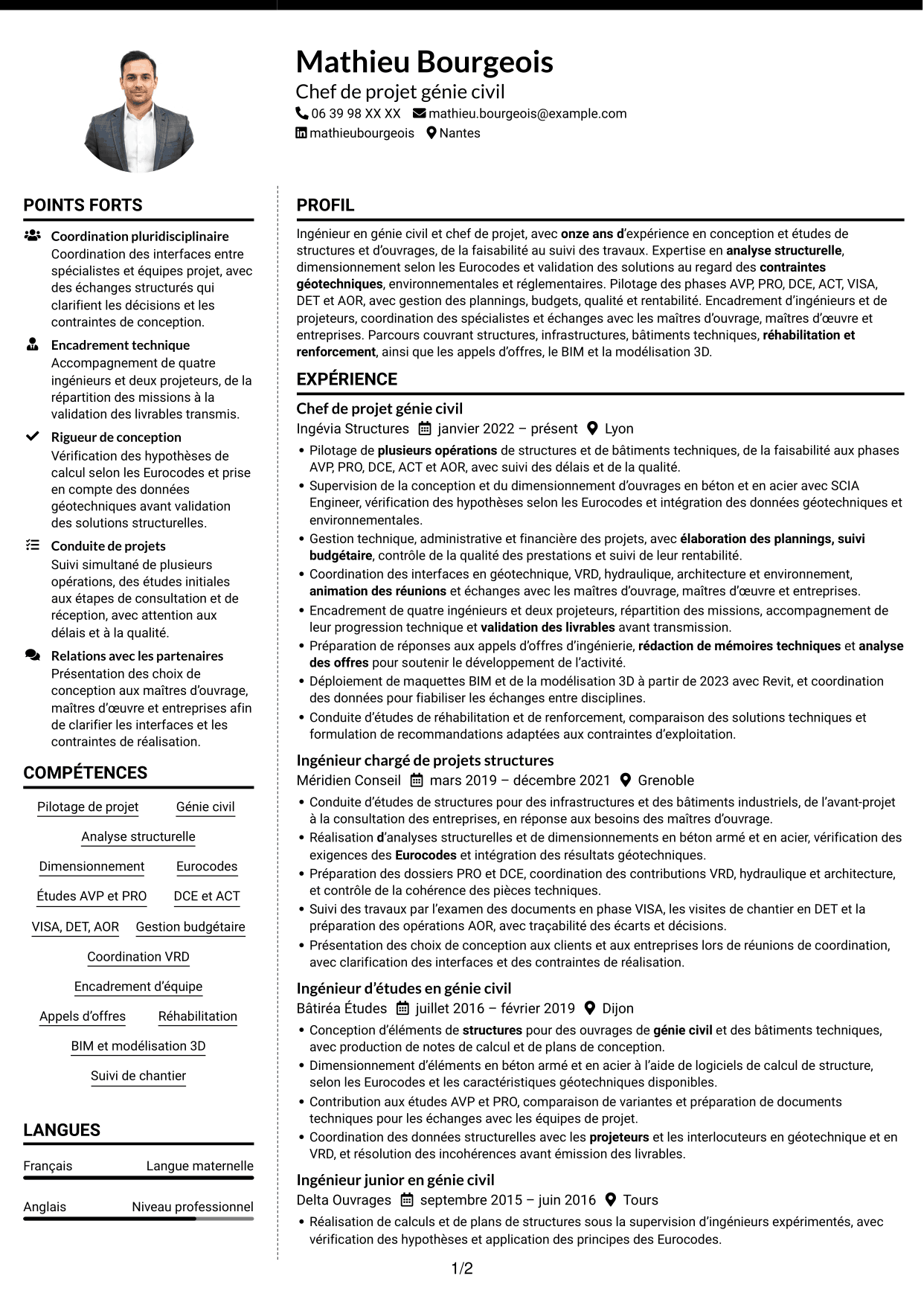 CV Moderne (format à deux colonnes avec photo à gauche et séparateur) : Chef de Projet Génie Civil - Structures et Infrastructures, page 1
