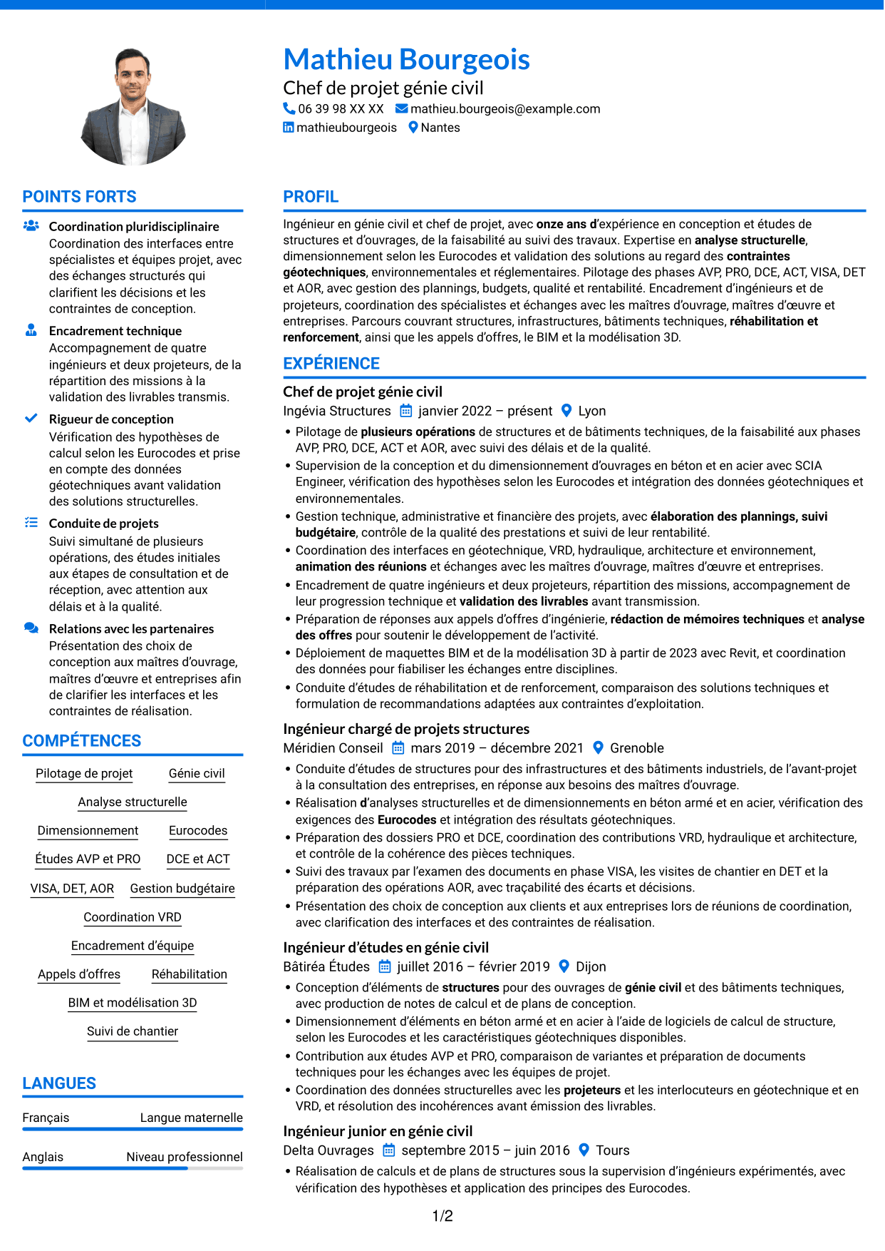 CV Audacieux (format à deux colonnes avec accents colorés et photo) : Chef de Projet Génie Civil - Structures et Infrastructures, page 1