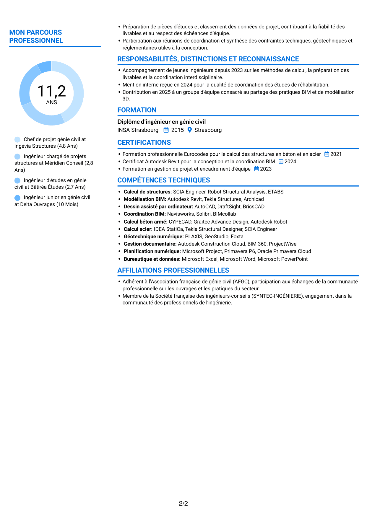 CV Audacieux (format à deux colonnes avec accents colorés et photo) : Chef de Projet Génie Civil - Structures et Infrastructures, page 2