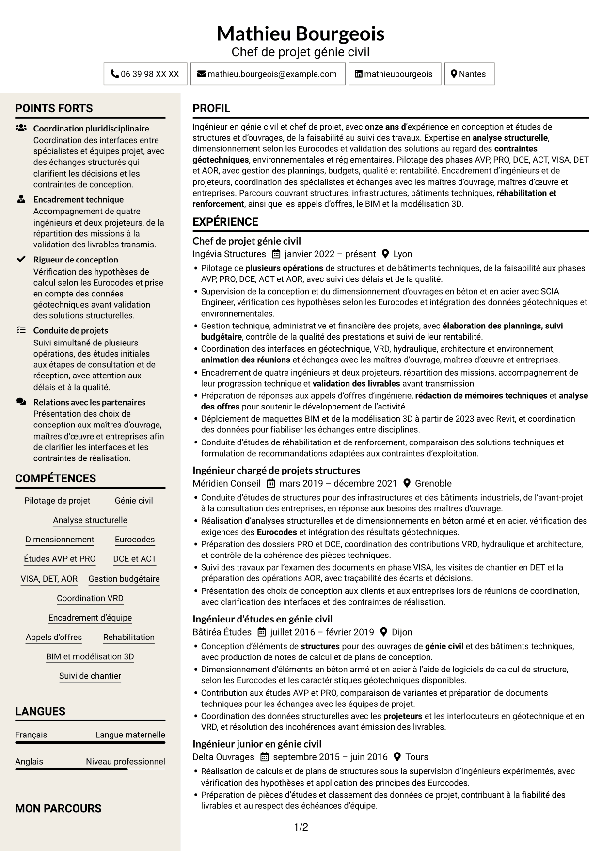 CV Fonceur (format à deux colonnes avec en-tête centré sans photo) : Chef de Projet Génie Civil - Structures et Infrastructures, page 1