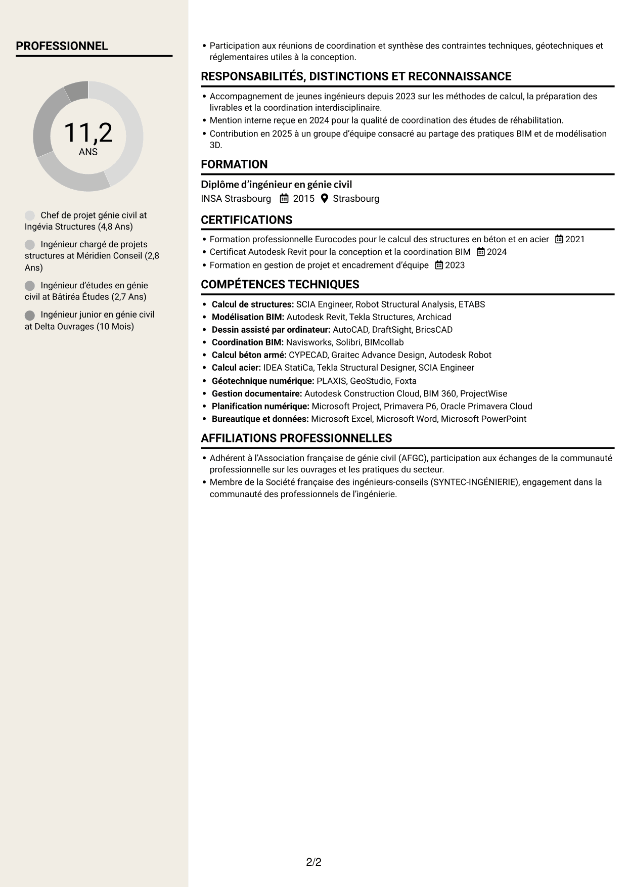 CV Fonceur (format à deux colonnes avec en-tête centré sans photo) : Chef de Projet Génie Civil - Structures et Infrastructures, page 2