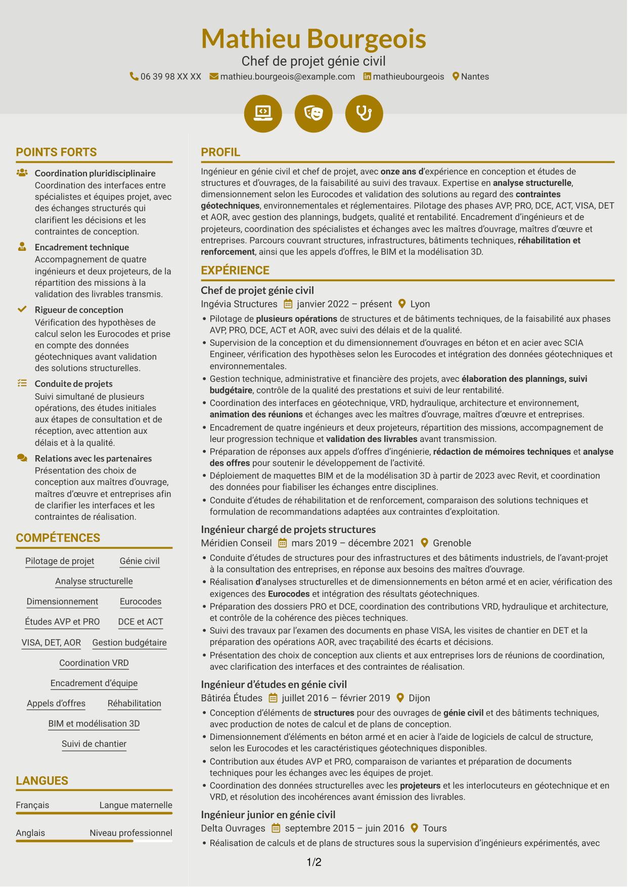 CV Dynamique (format à deux colonnes avec icônes) : Chef de Projet Génie Civil - Structures et Infrastructures, page 1