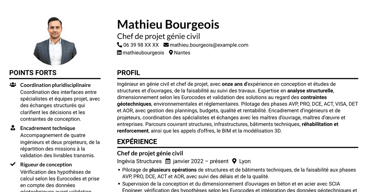 7 modèles de CV pour Chef de Projet Génie Civil - Structures et Infrastructures, avec exemples