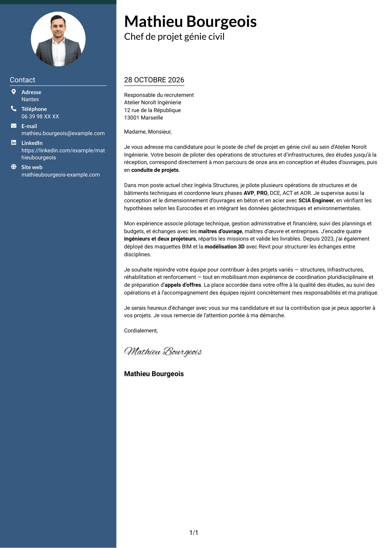 Lettre de motivation Élégant (format à colonne latérale colorée avec photo) : Chef de Projet Génie Civil - Structures et Infrastructures, page 1