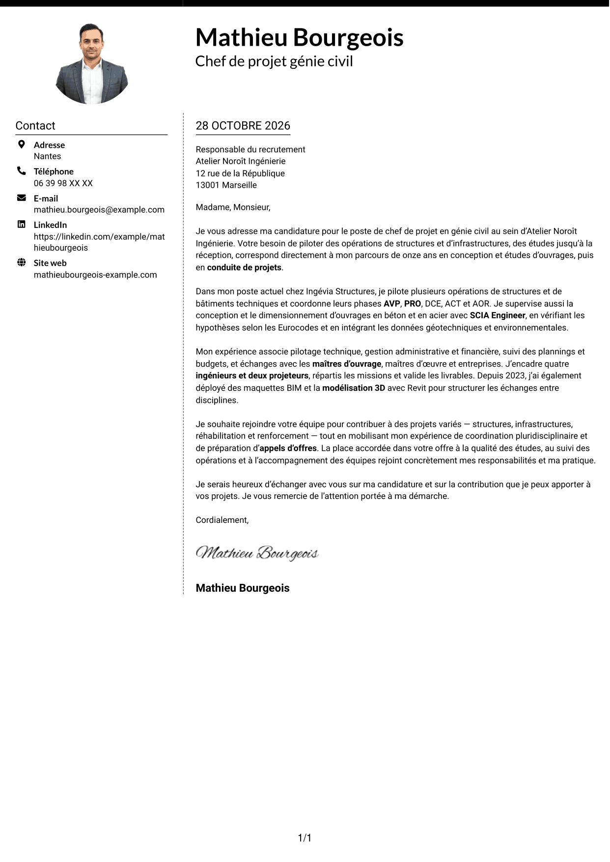 Lettre de motivation Moderne (format à deux colonnes avec photo à gauche et séparateur) : Chef de Projet Génie Civil - Structures et Infrastructures, page 1