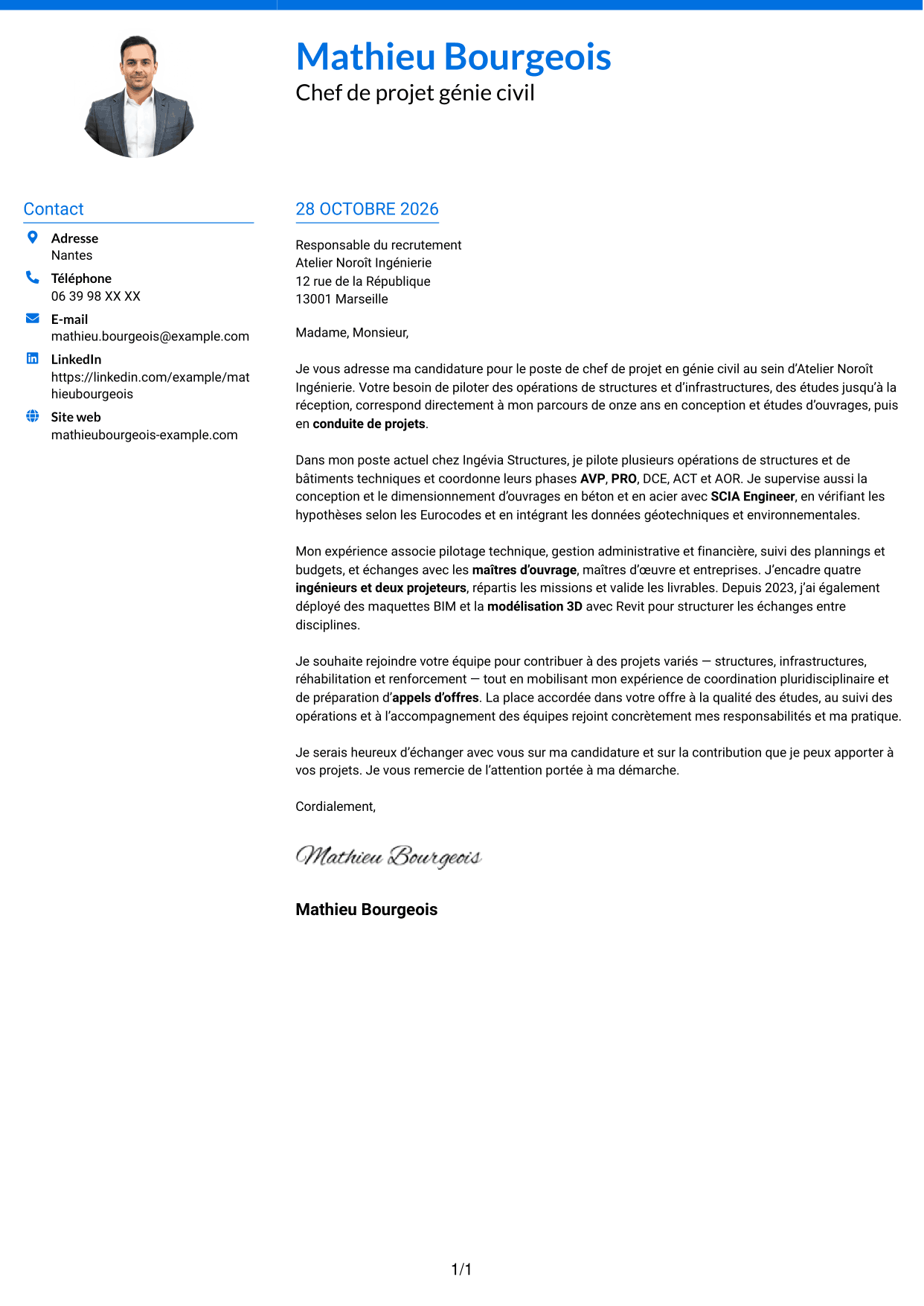 Lettre de motivation Audacieux (format à deux colonnes avec accents colorés et photo) : Chef de Projet Génie Civil - Structures et Infrastructures, page 1