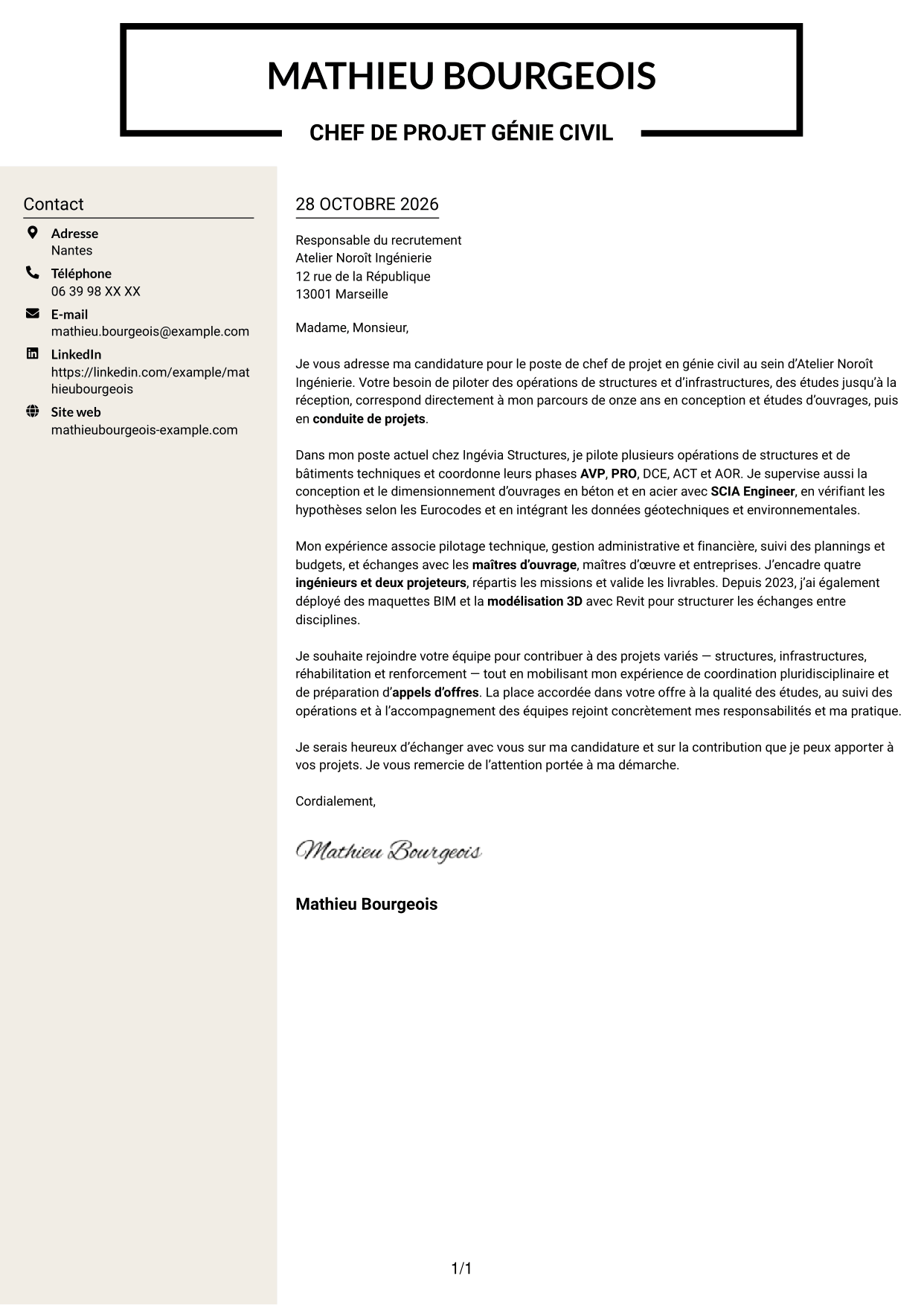 Lettre de motivation Fonceur (format à deux colonnes avec en-tête centré sans photo) : Chef de Projet Génie Civil - Structures et Infrastructures, page 1