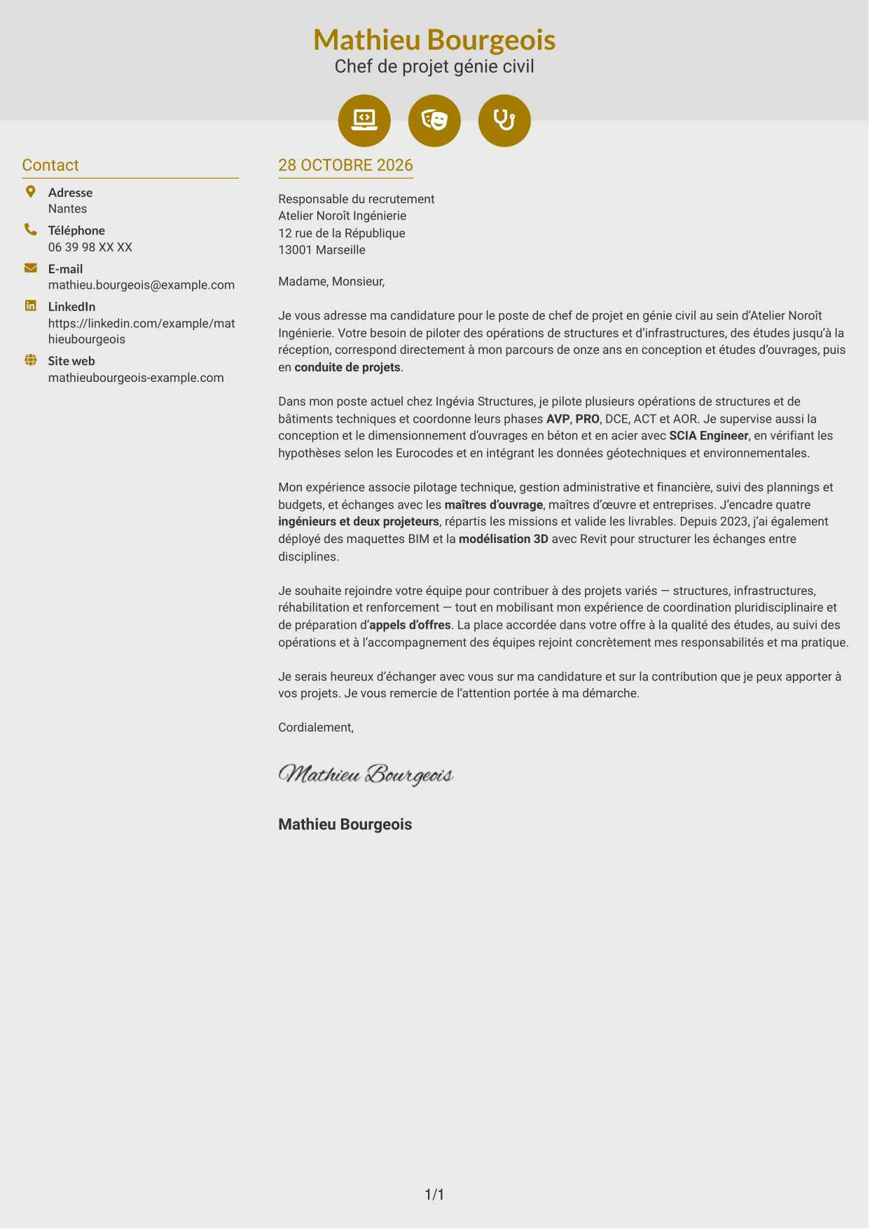 Lettre de motivation Dynamique (format à deux colonnes avec icônes) : Chef de Projet Génie Civil - Structures et Infrastructures, page 1