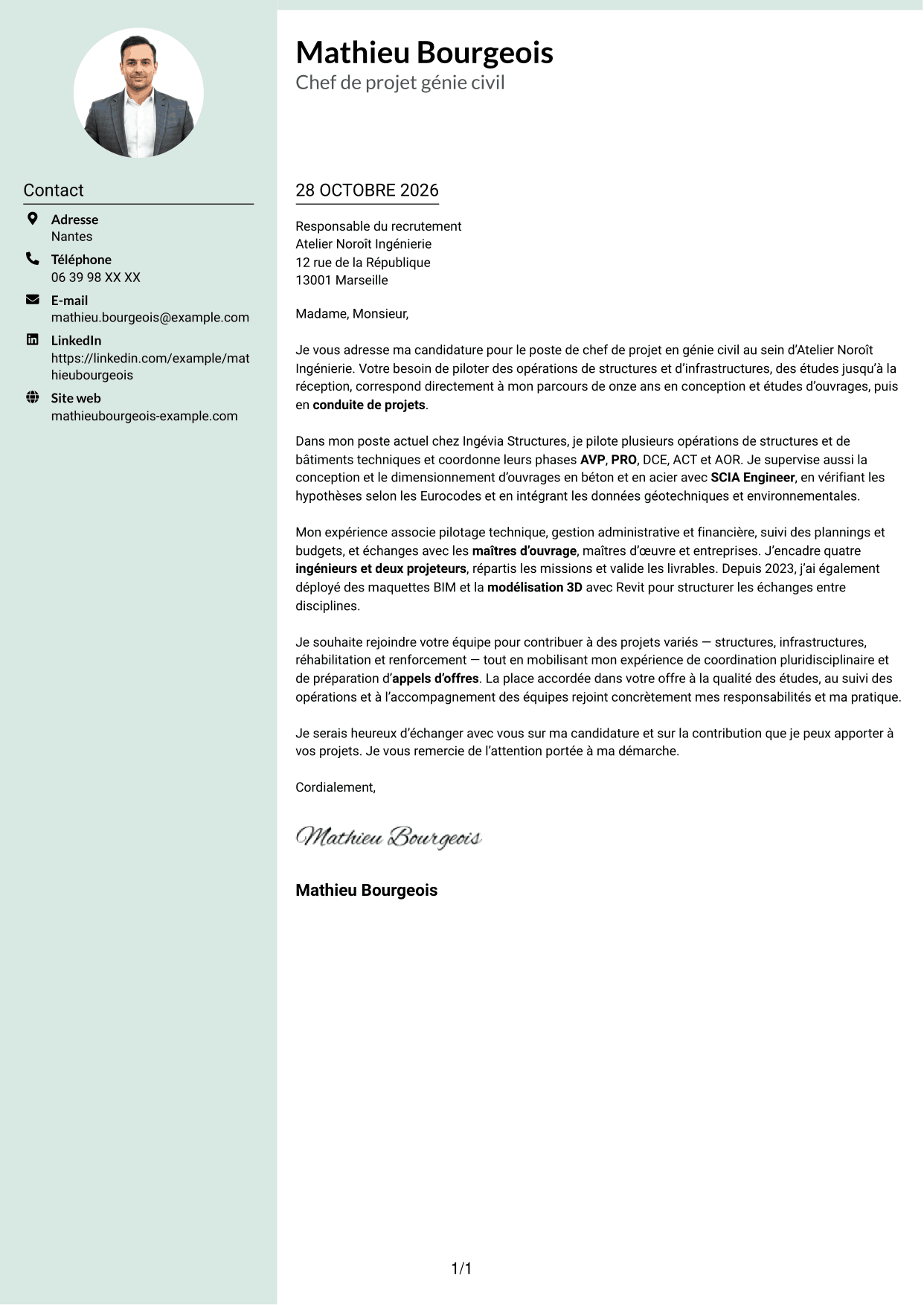 Lettre de motivation Cadre (format à colonne latérale douce avec photo arrondie) : Chef de Projet Génie Civil - Structures et Infrastructures, page 1
