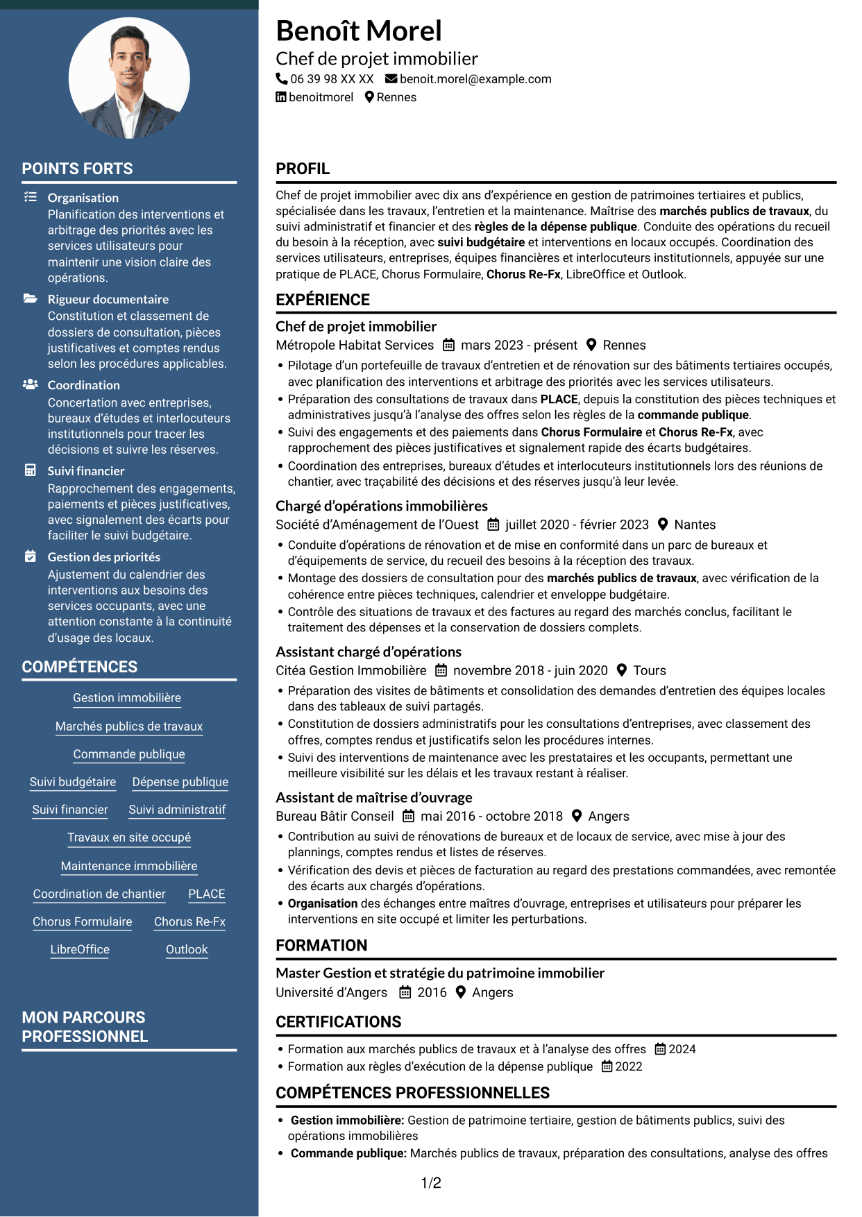 CV Élégant (format à colonne latérale colorée avec photo) : Chef de projet immobilier - Travaux et maintenance, page 1