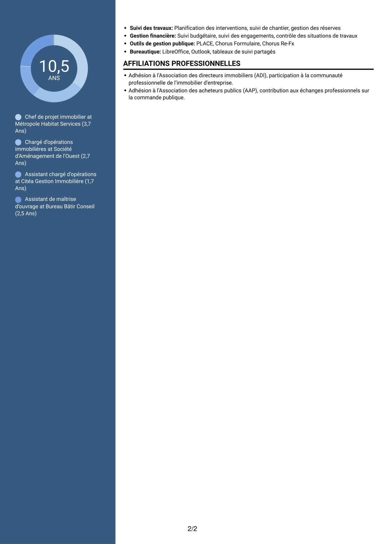 CV Élégant (format à colonne latérale colorée avec photo) : Chef de projet immobilier - Travaux et maintenance, page 2