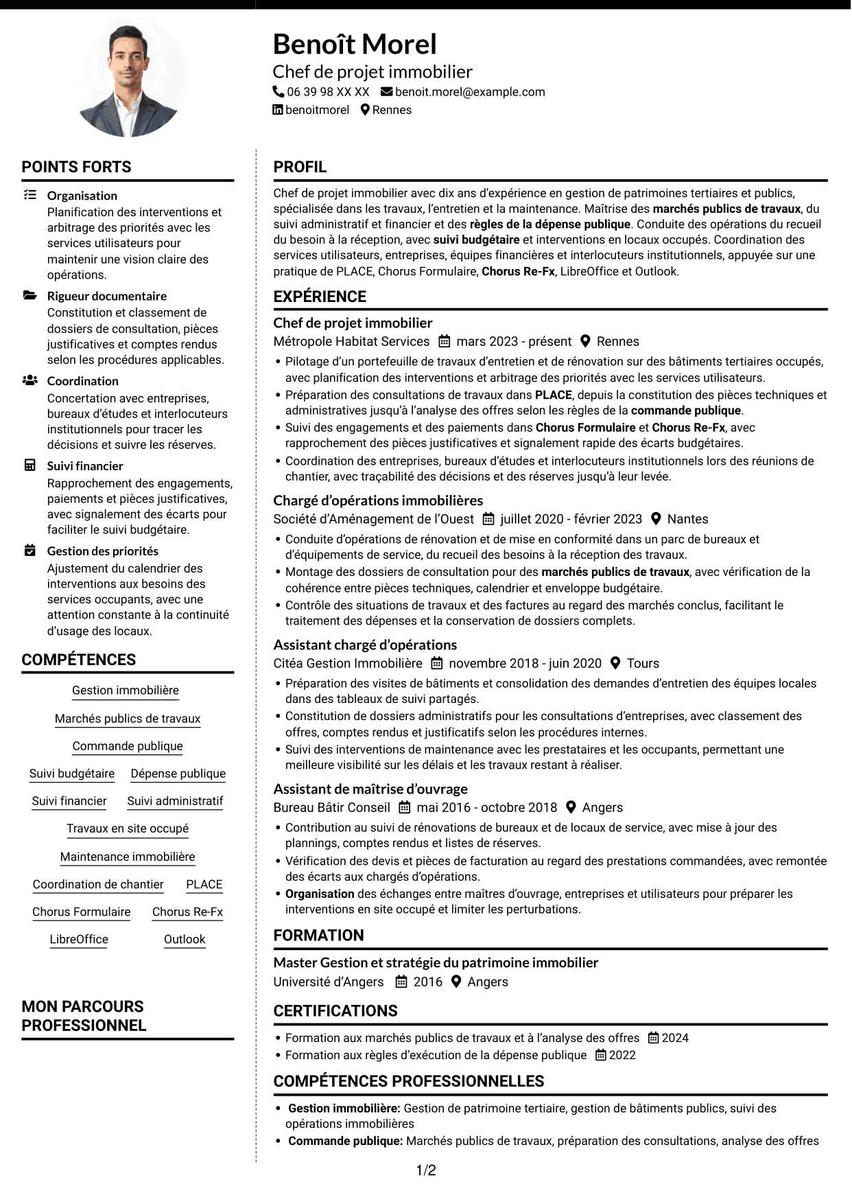 CV Moderne (format à deux colonnes avec photo à gauche et séparateur) : Chef de projet immobilier - Travaux et maintenance, page 1
