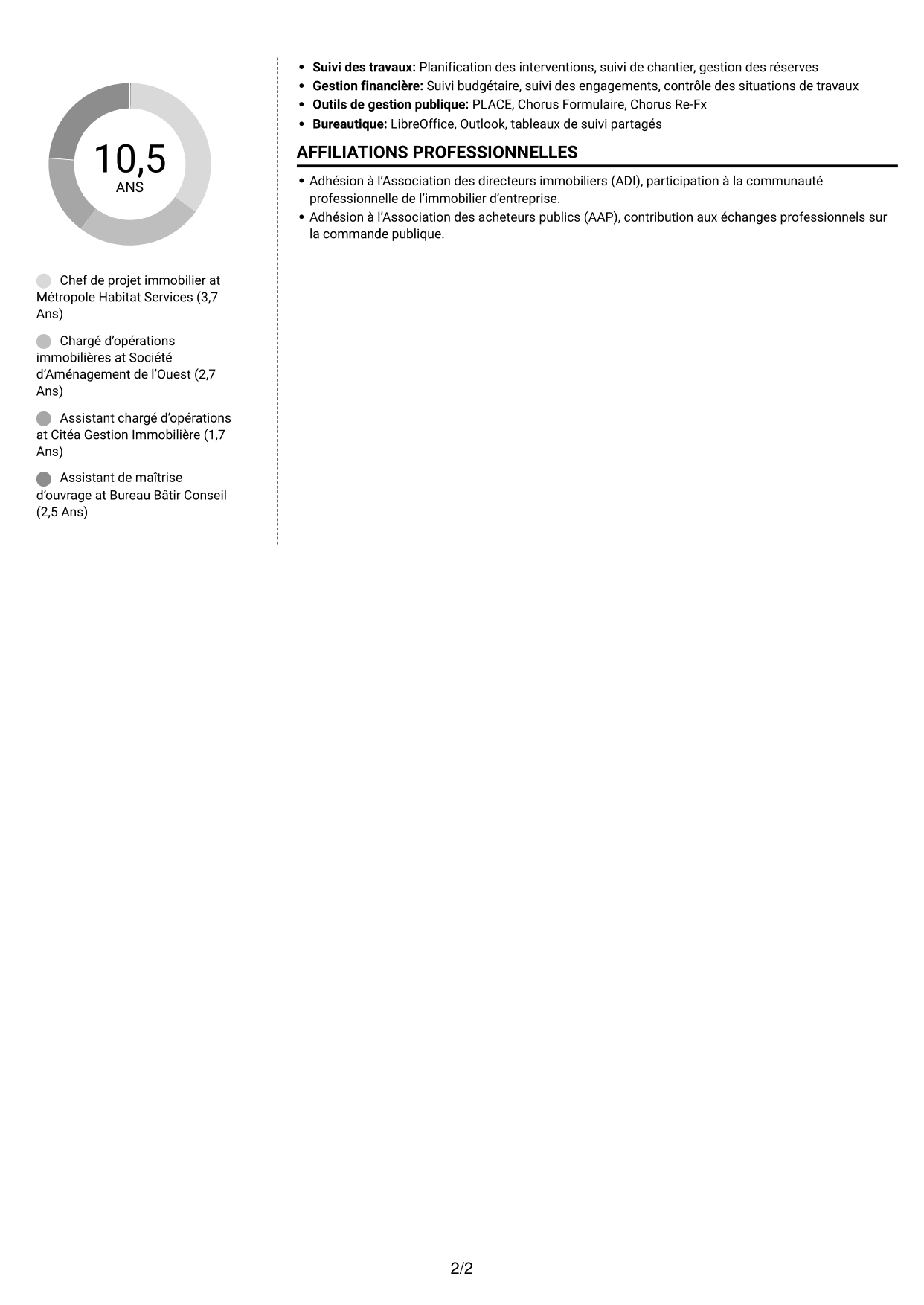 CV Moderne (format à deux colonnes avec photo à gauche et séparateur) : Chef de projet immobilier - Travaux et maintenance, page 2