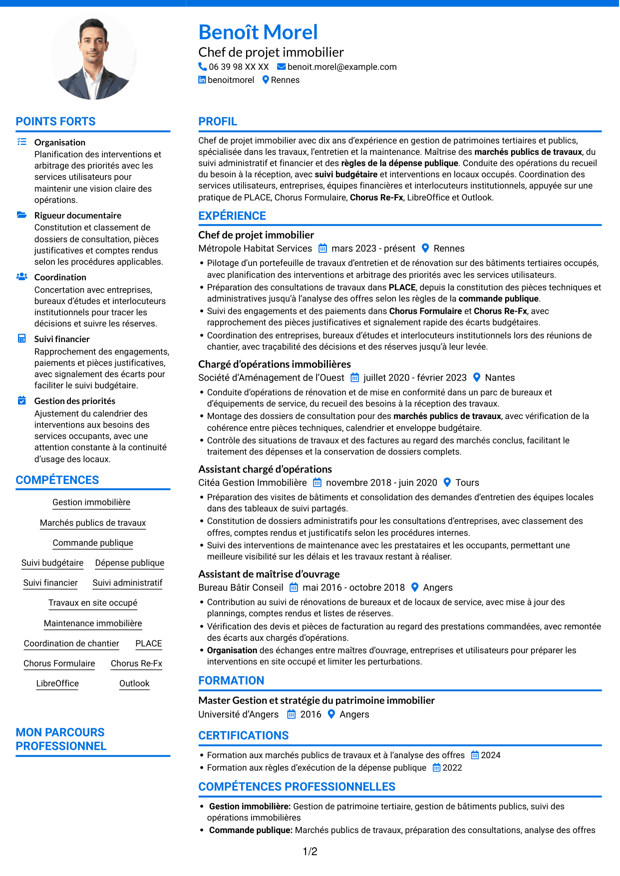 CV Audacieux (format à deux colonnes avec accents colorés et photo) : Chef de projet immobilier - Travaux et maintenance, page 1
