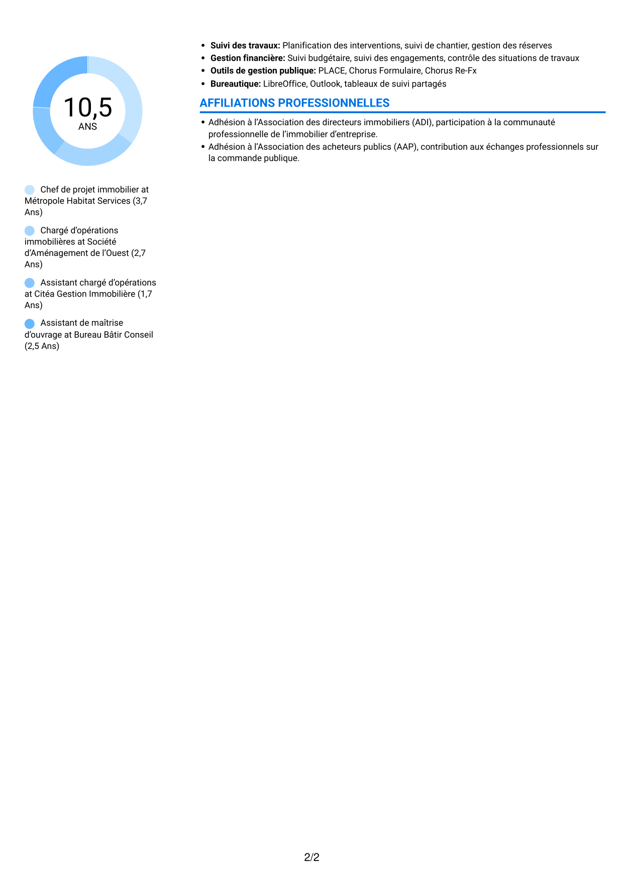 CV Audacieux (format à deux colonnes avec accents colorés et photo) : Chef de projet immobilier - Travaux et maintenance, page 2