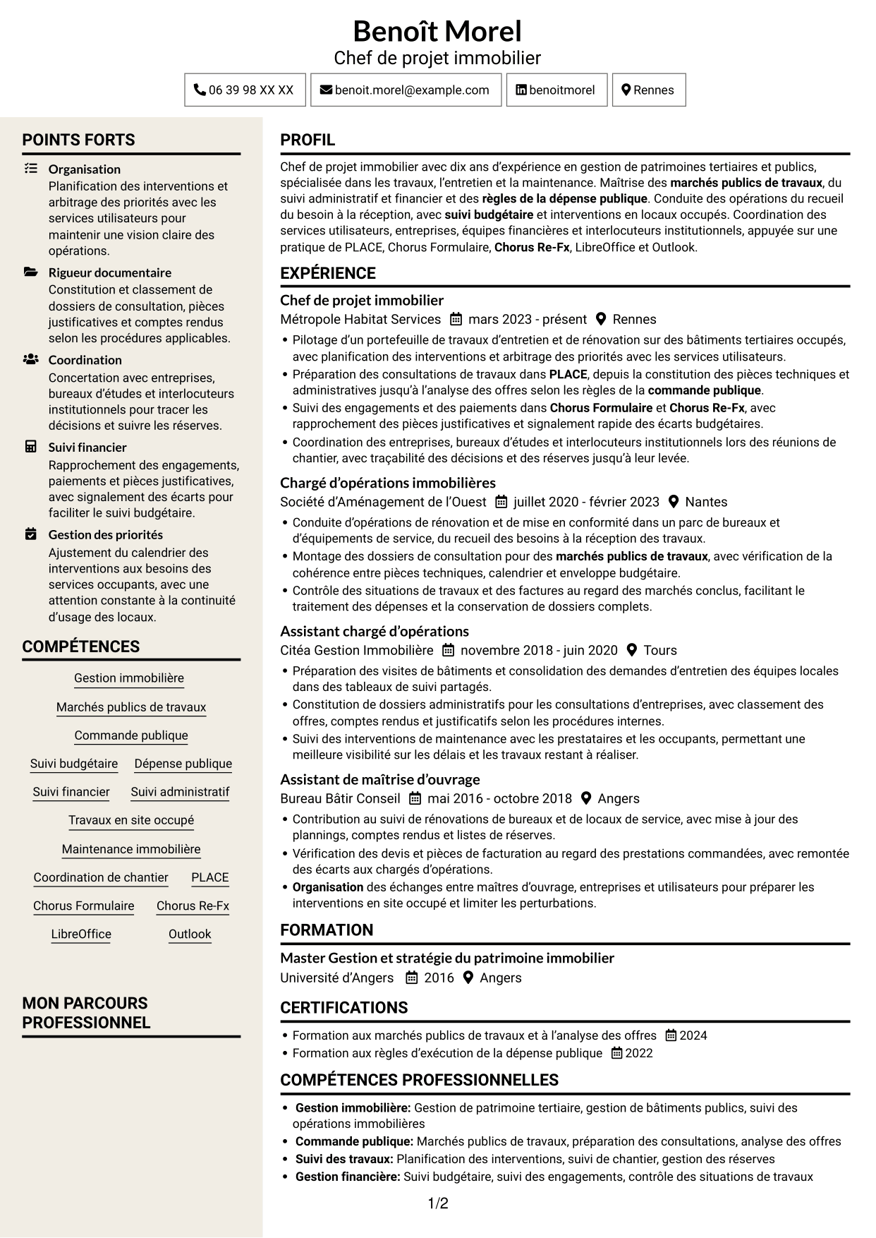 CV Fonceur (format à deux colonnes avec en-tête centré sans photo) : Chef de projet immobilier - Travaux et maintenance, page 1