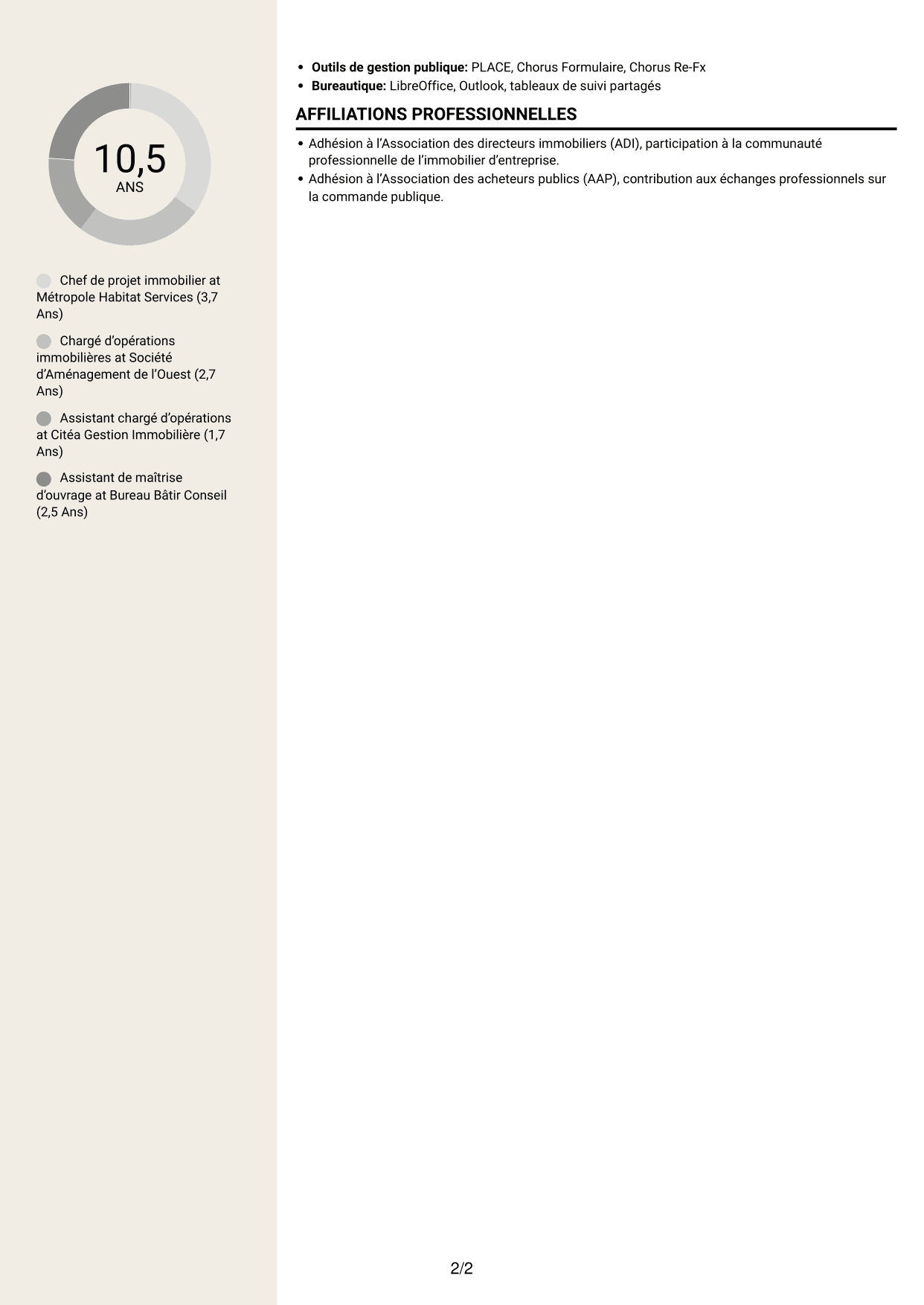 CV Fonceur (format à deux colonnes avec en-tête centré sans photo) : Chef de projet immobilier - Travaux et maintenance, page 2