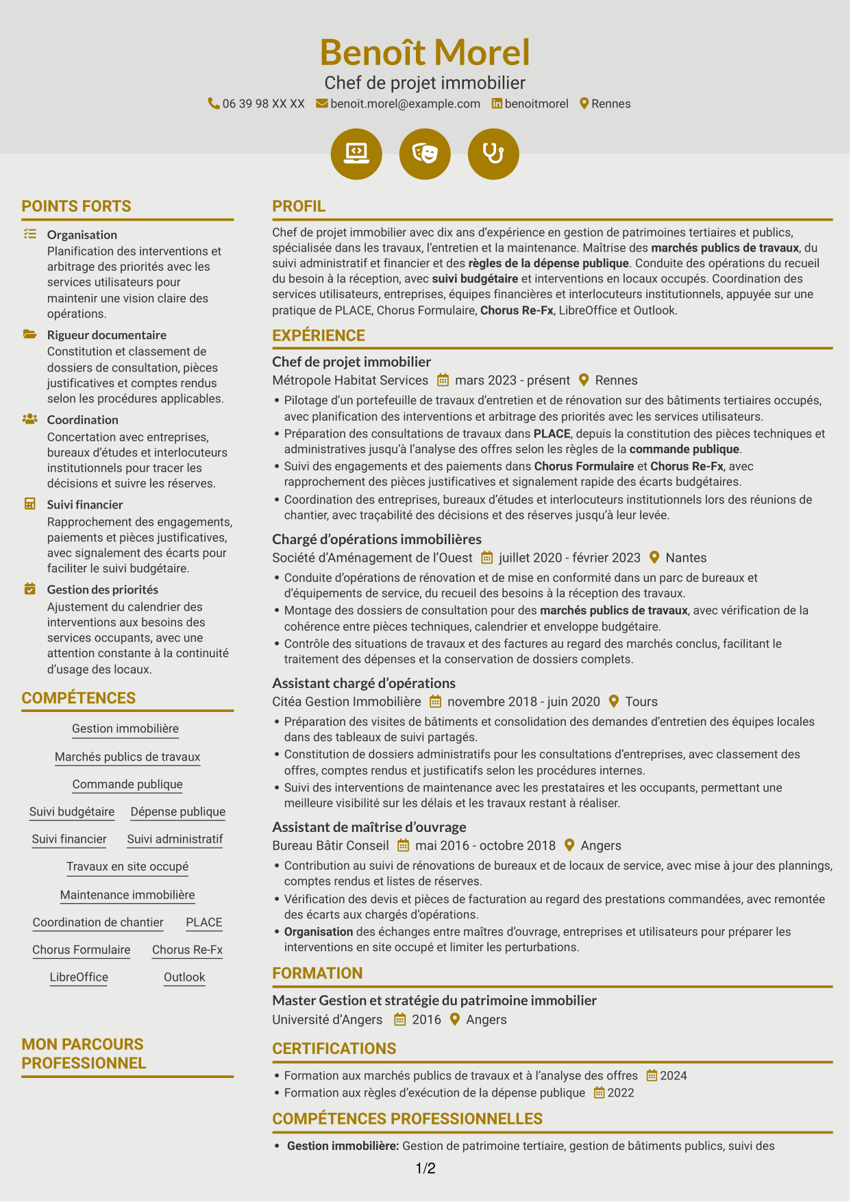 CV Dynamique (format à deux colonnes avec icônes) : Chef de projet immobilier - Travaux et maintenance, page 1