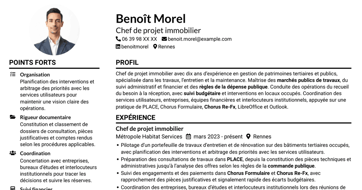 7 modèles de CV pour Chef de projet immobilier - Travaux et maintenance, avec exemples
