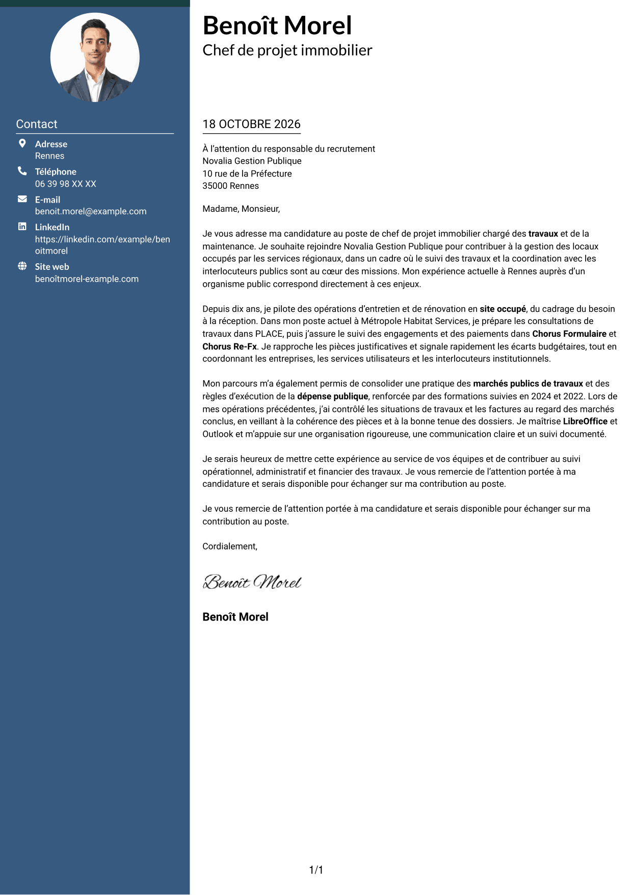 Lettre de motivation Élégant (format à colonne latérale colorée avec photo) : Chef de projet immobilier - Travaux et maintenance, page 1