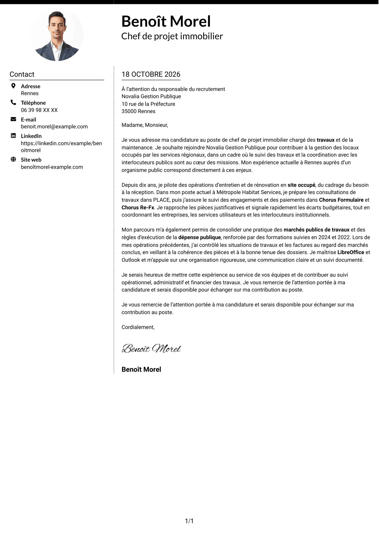 Lettre de motivation Moderne (format à deux colonnes avec photo à gauche et séparateur) : Chef de projet immobilier - Travaux et maintenance, page 1