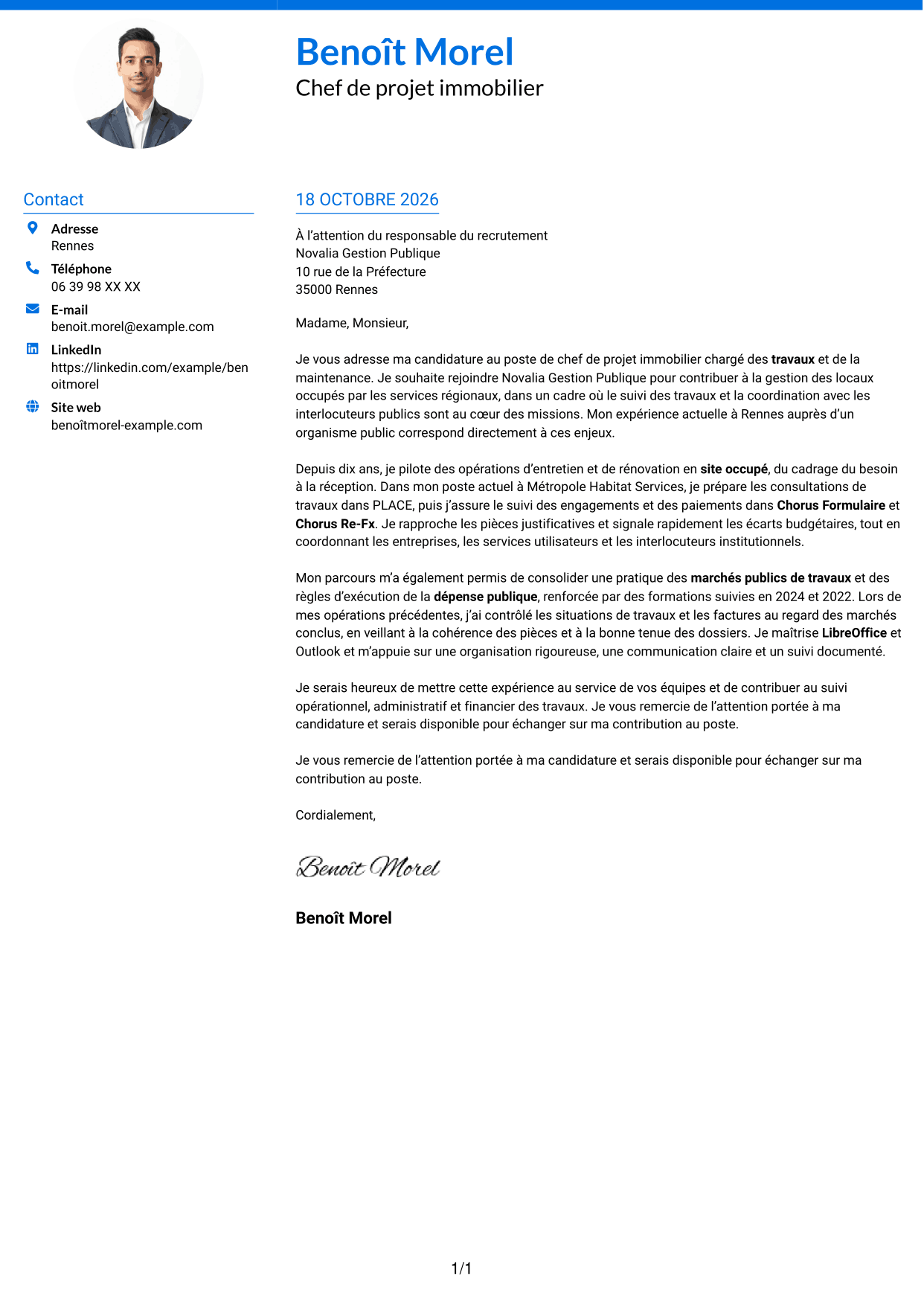 Lettre de motivation Audacieux (format à deux colonnes avec accents colorés et photo) : Chef de projet immobilier - Travaux et maintenance, page 1