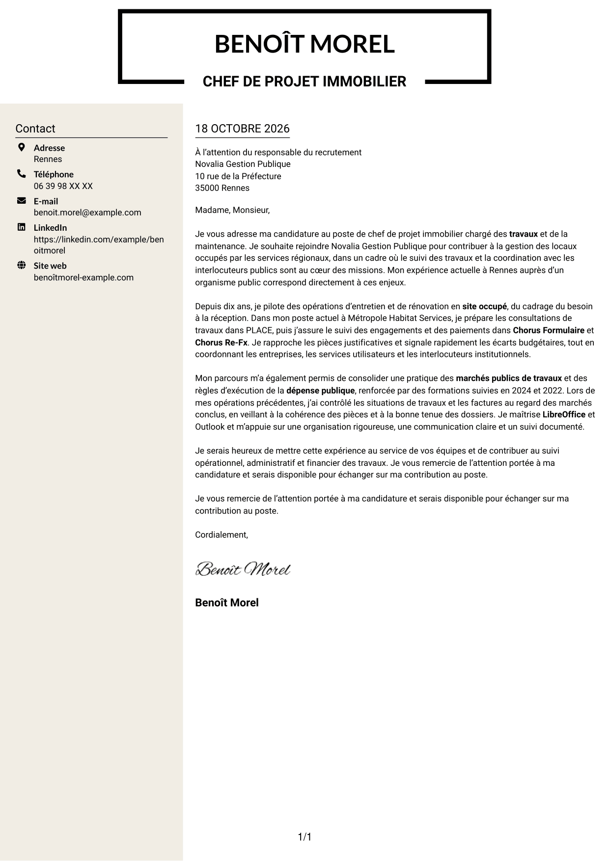 Lettre de motivation Fonceur (format à deux colonnes avec en-tête centré sans photo) : Chef de projet immobilier - Travaux et maintenance, page 1