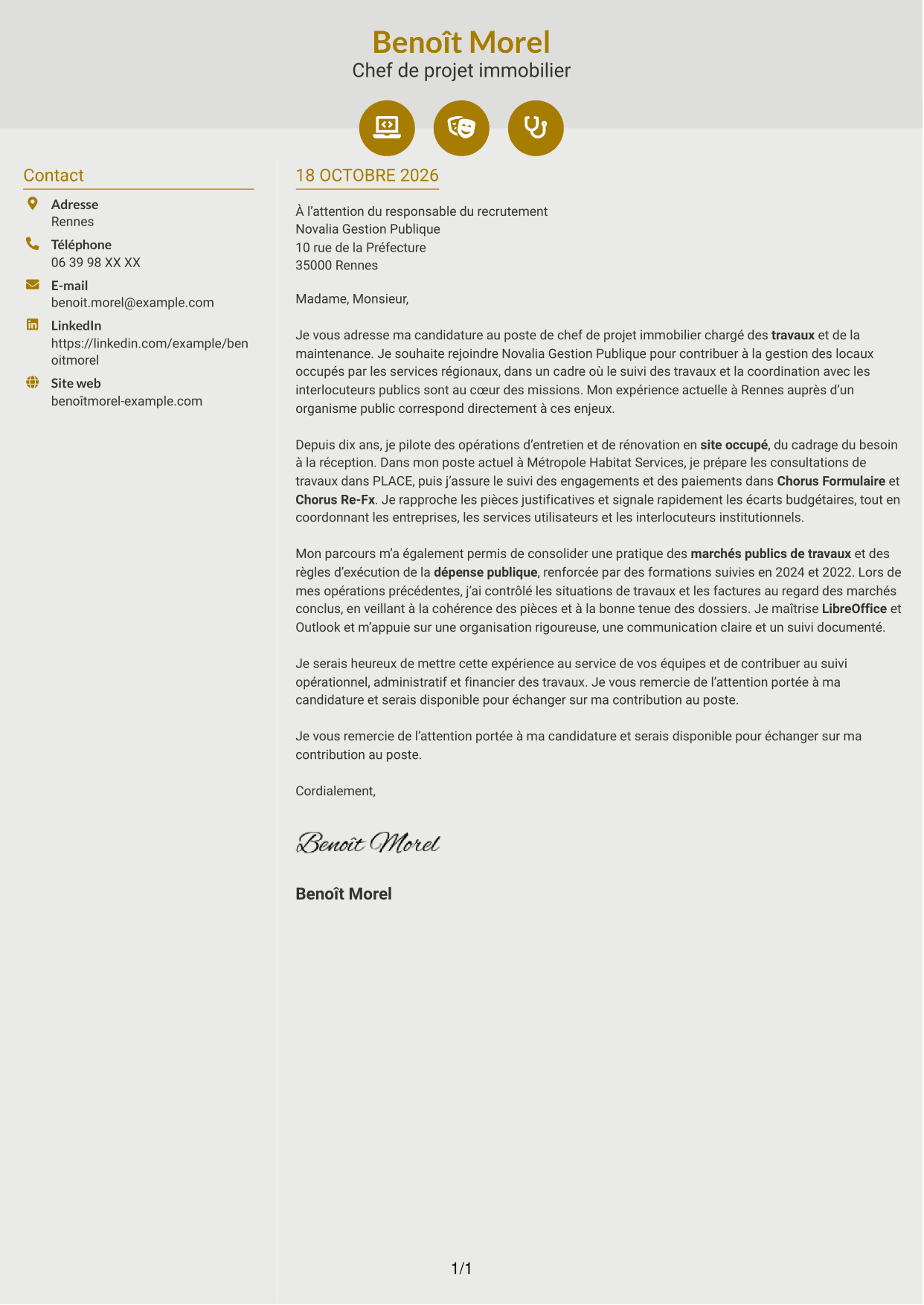 Lettre de motivation Dynamique (format à deux colonnes avec icônes) : Chef de projet immobilier - Travaux et maintenance, page 1