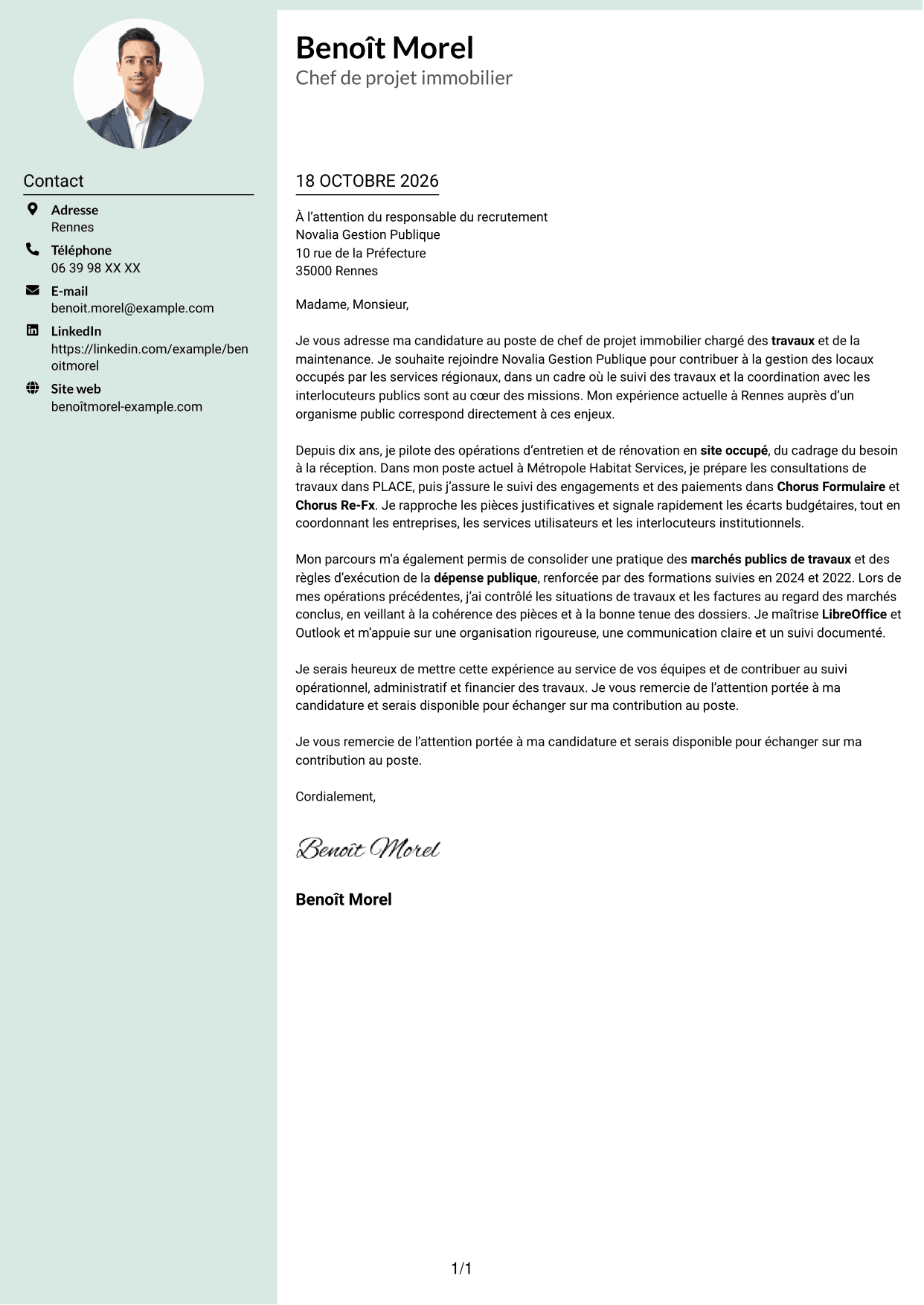 Lettre de motivation Cadre (format à colonne latérale douce avec photo arrondie) : Chef de projet immobilier - Travaux et maintenance, page 1