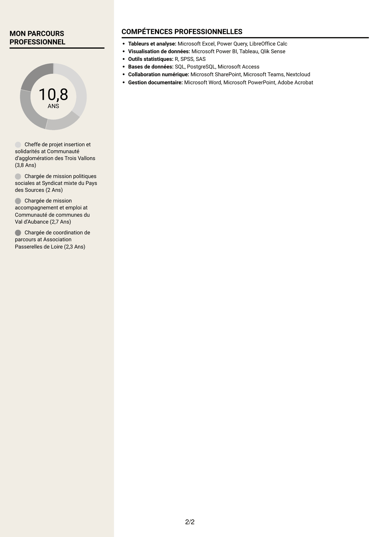 CV Fonceur (format à deux colonnes avec en-tête centré sans photo) : Chef de projet - Insertion et solidarités, page 2