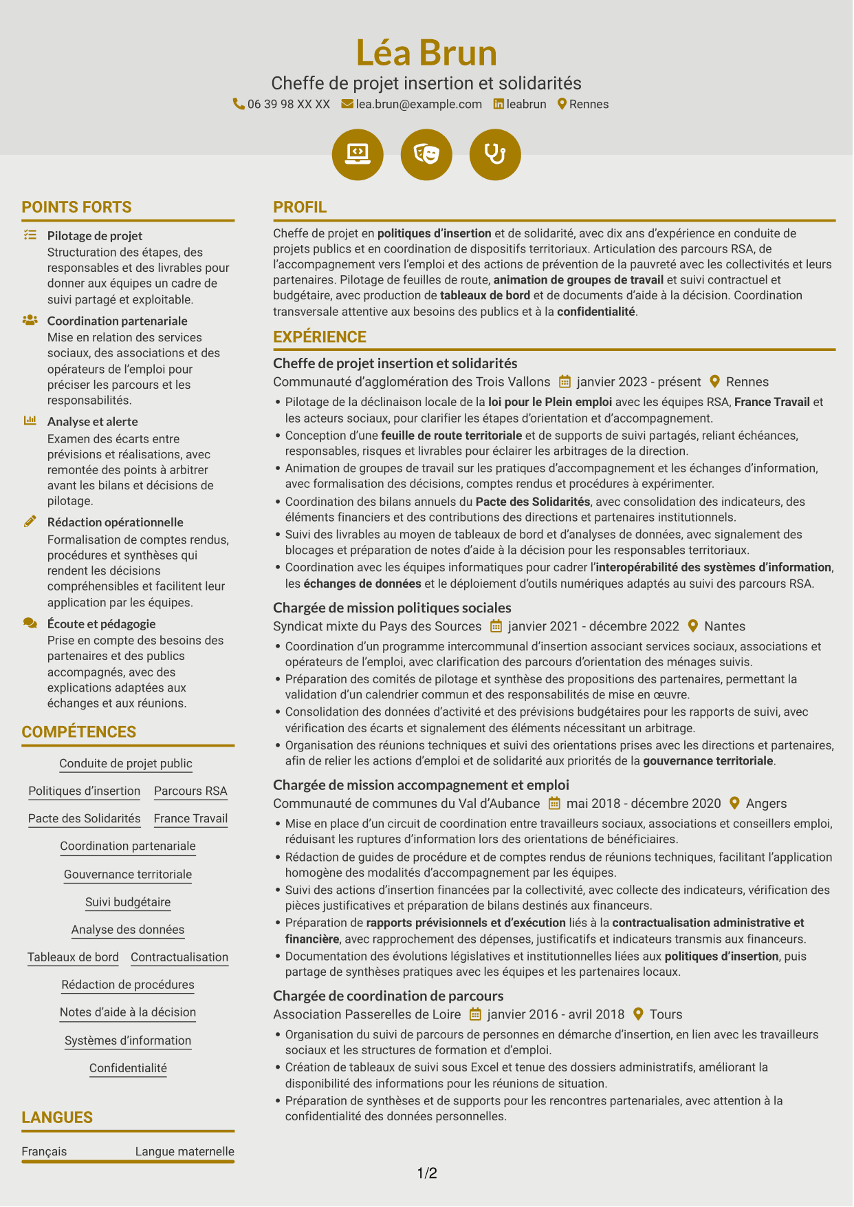 CV Dynamique (format à deux colonnes avec icônes) : Chef de projet - Insertion et solidarités, page 1