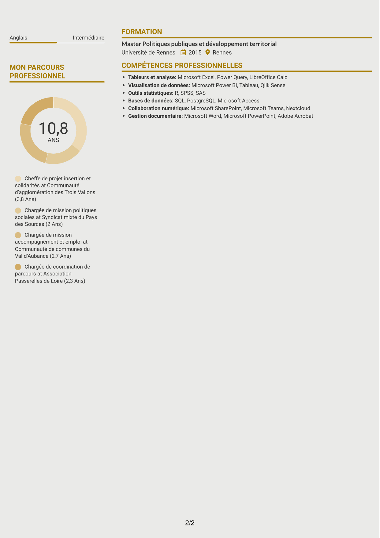 CV Dynamique (format à deux colonnes avec icônes) : Chef de projet - Insertion et solidarités, page 2