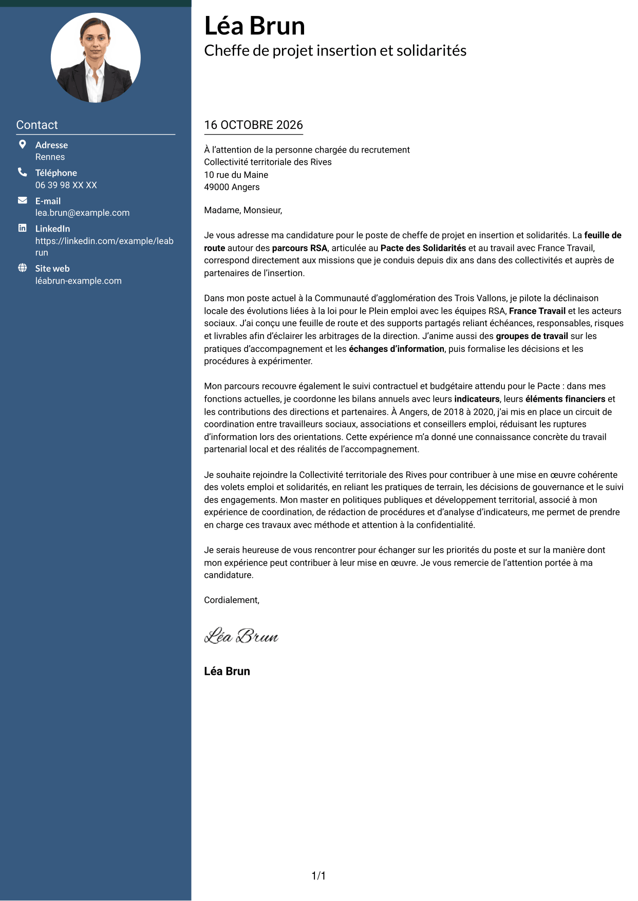 Lettre de motivation Élégant (format à colonne latérale colorée avec photo) : Chef de projet - Insertion et solidarités, page 1