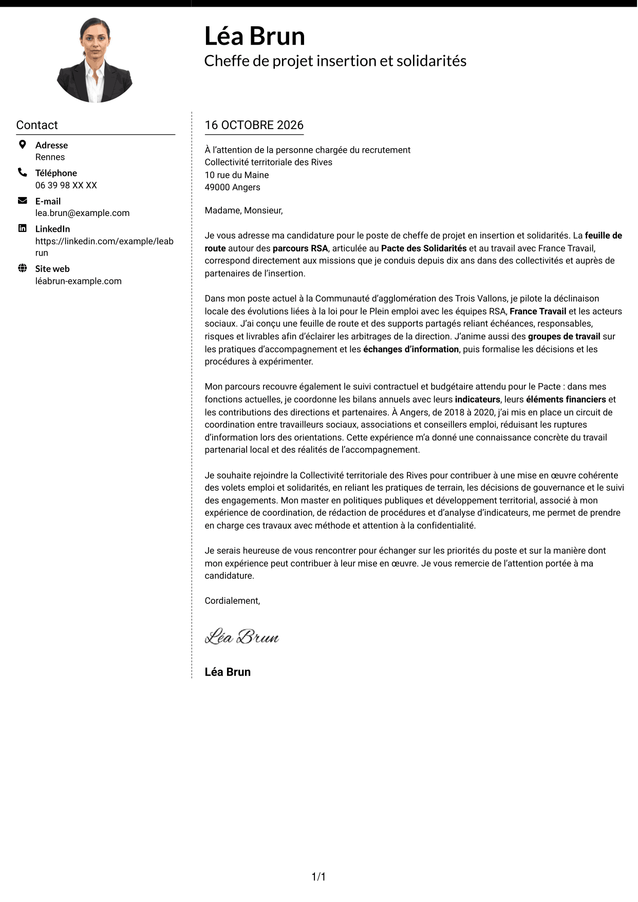 Lettre de motivation Moderne (format à deux colonnes avec photo à gauche et séparateur) : Chef de projet - Insertion et solidarités, page 1