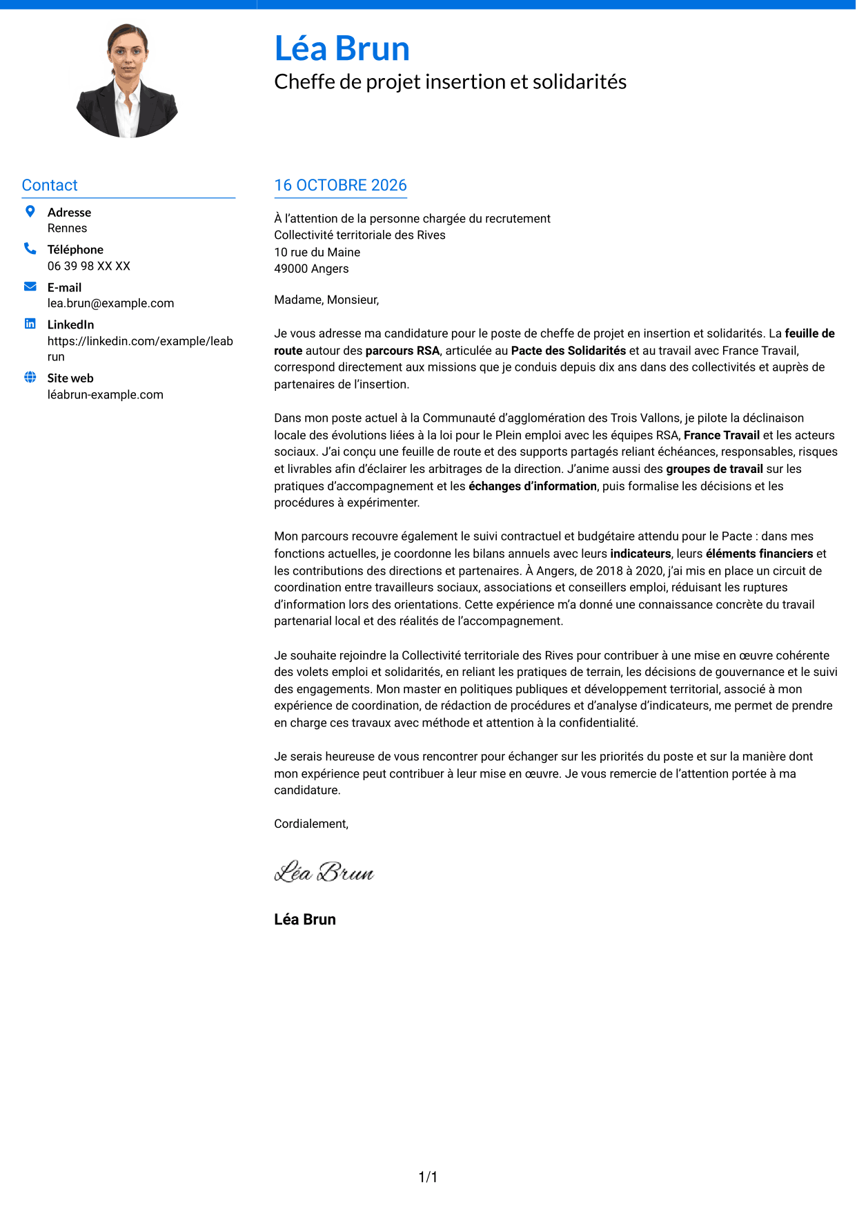 Lettre de motivation Audacieux (format à deux colonnes avec accents colorés et photo) : Chef de projet - Insertion et solidarités, page 1