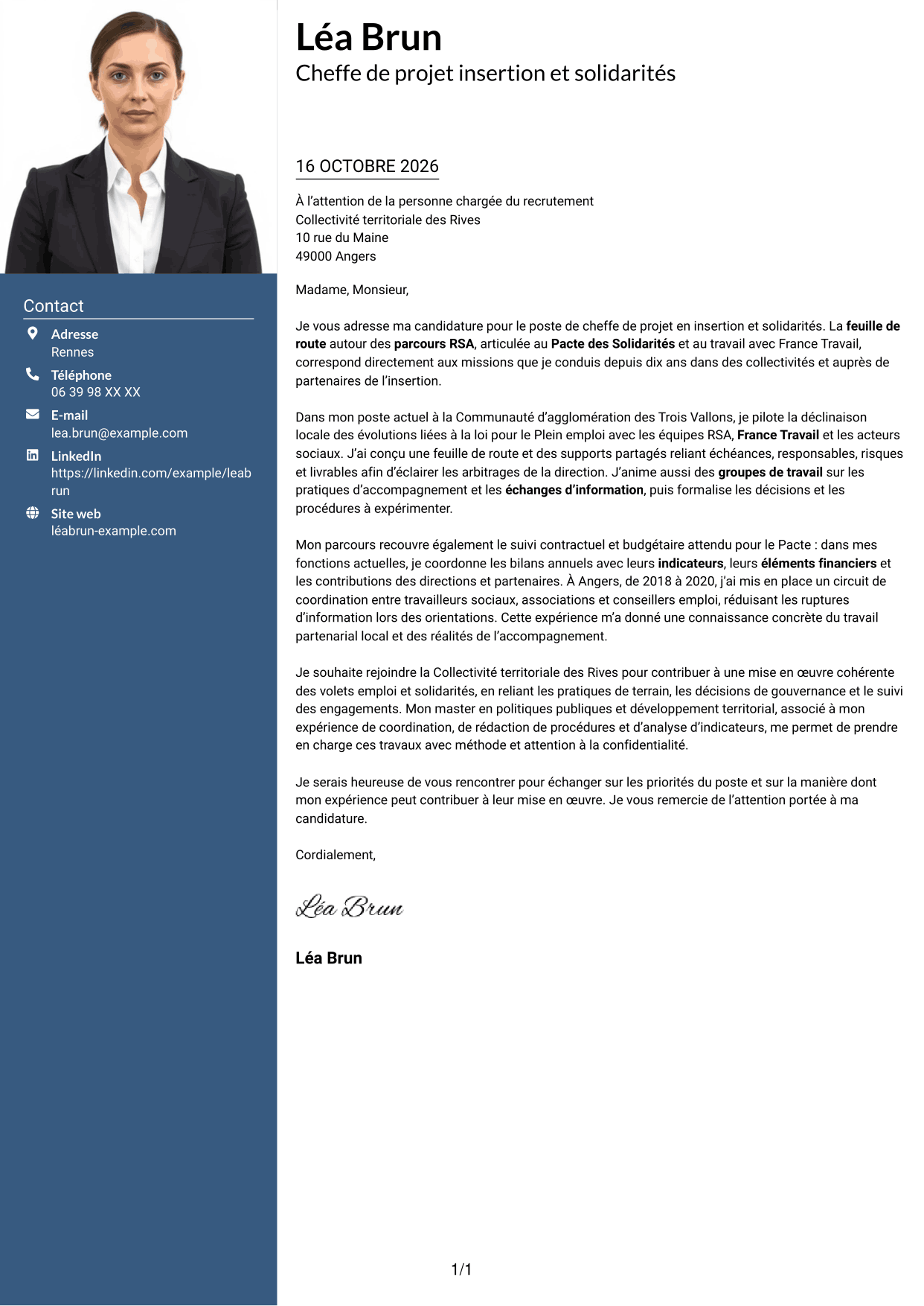 Lettre de motivation Signature (format à colonne latérale colorée avec grande photo) : Chef de projet - Insertion et solidarités, page 1