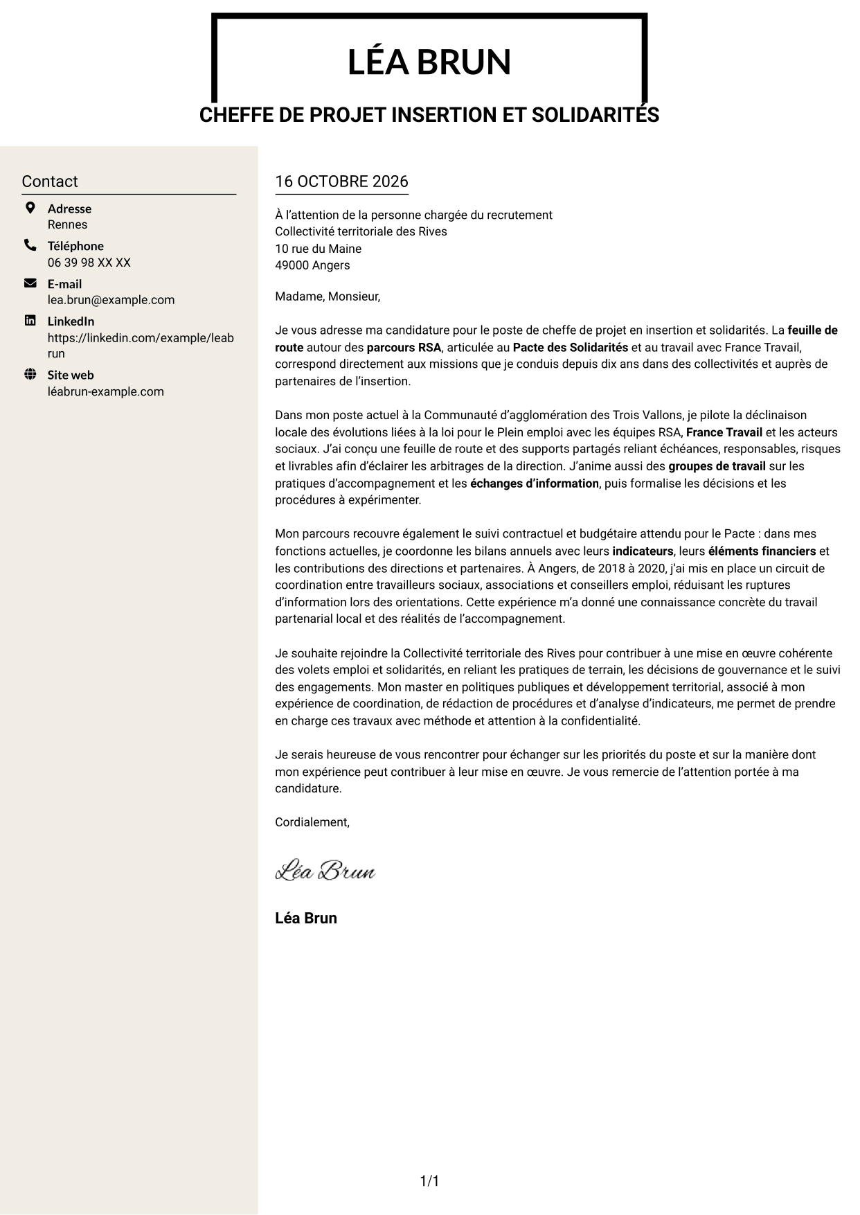 Lettre de motivation Fonceur (format à deux colonnes avec en-tête centré sans photo) : Chef de projet - Insertion et solidarités, page 1